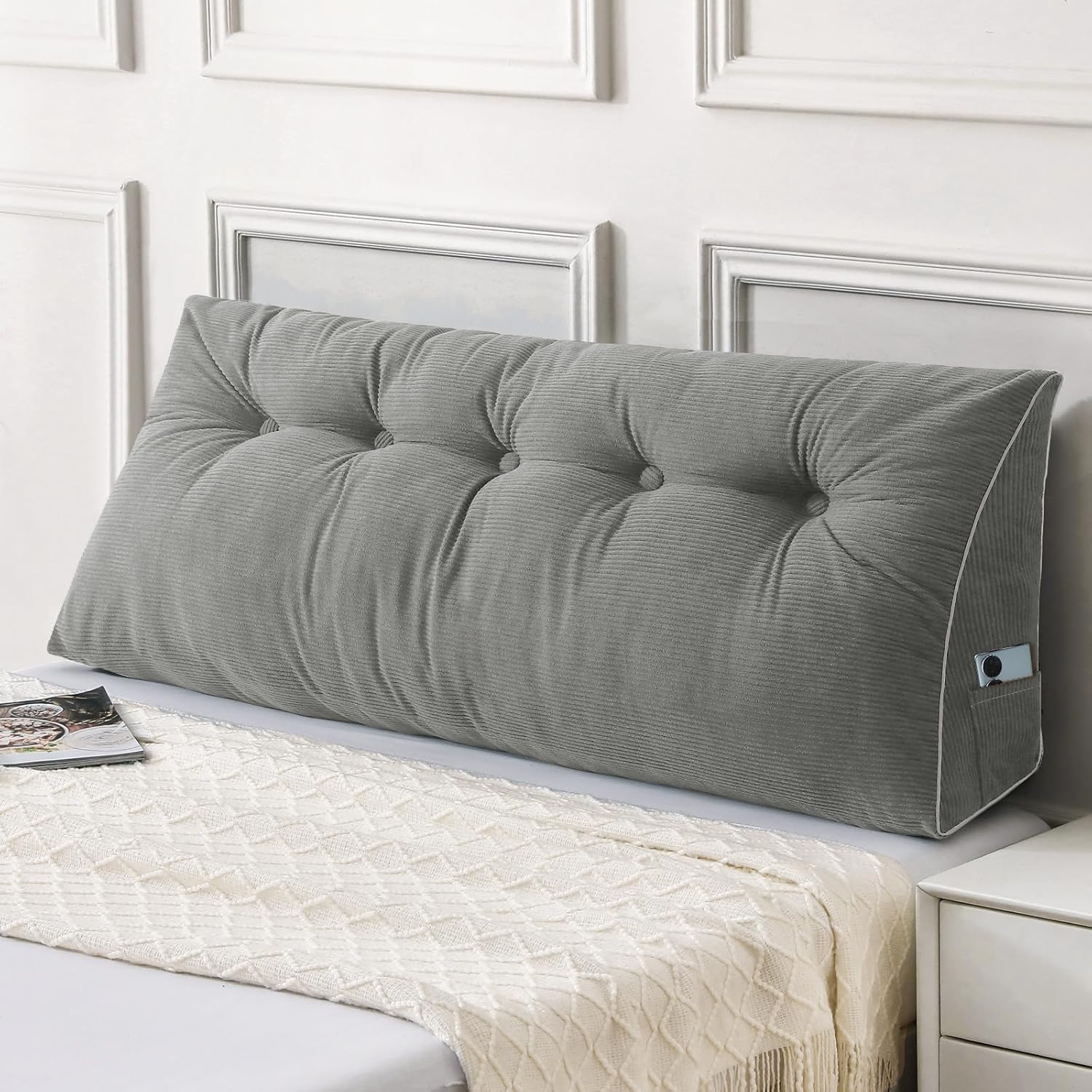 Sasttie Headboard Pillow Queen, Wedge Pillow Headboard, Dark Grey | Triangle Backrest Cushion for Sitting or Reading in Bed, Dorm Essentials, OEKO-TEX, Down Alternative Fill, Side Pockets