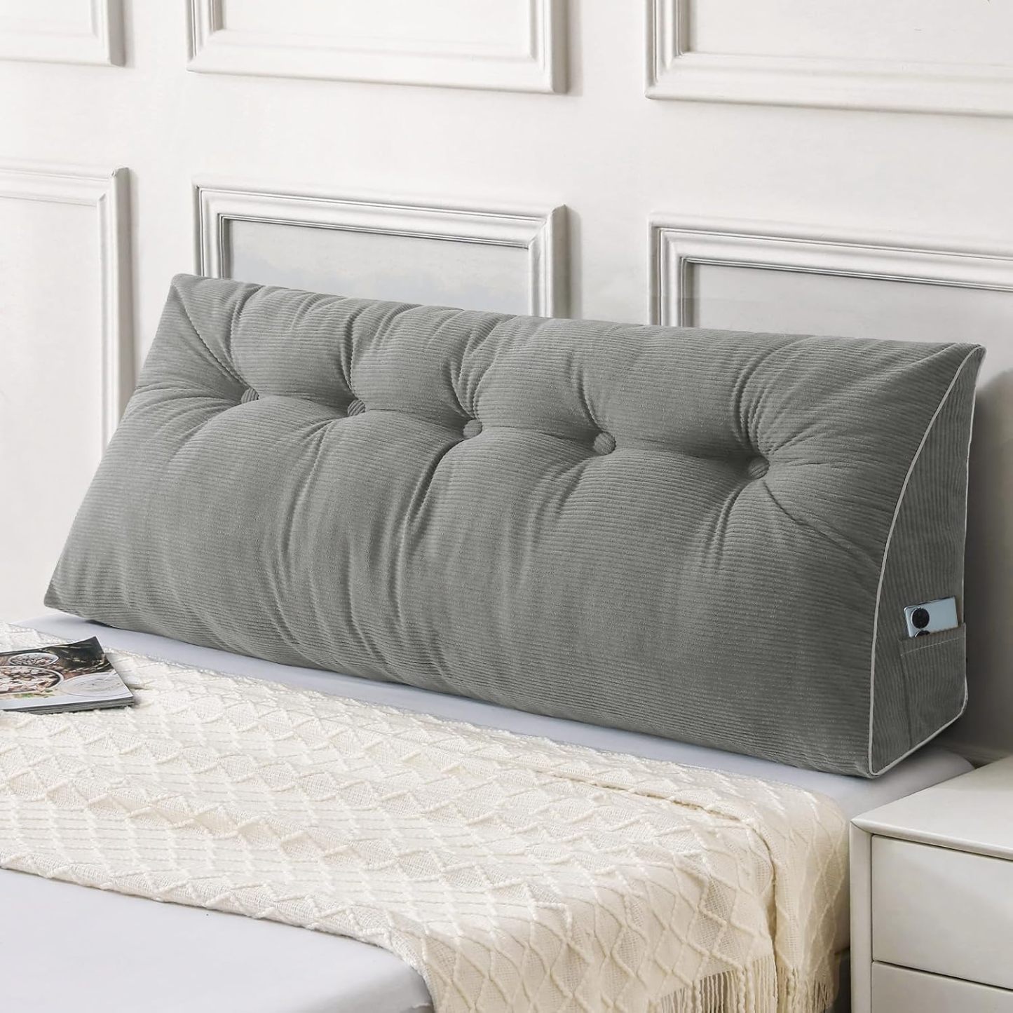 Sasttie Headboard Pillow Queen, Wedge Pillow Headboard, Dark Grey | Triangle Backrest Cushion for Sitting or Reading in Bed, Dorm Essentials, OEKO-TEX, Down Alternative Fill, Side Pockets