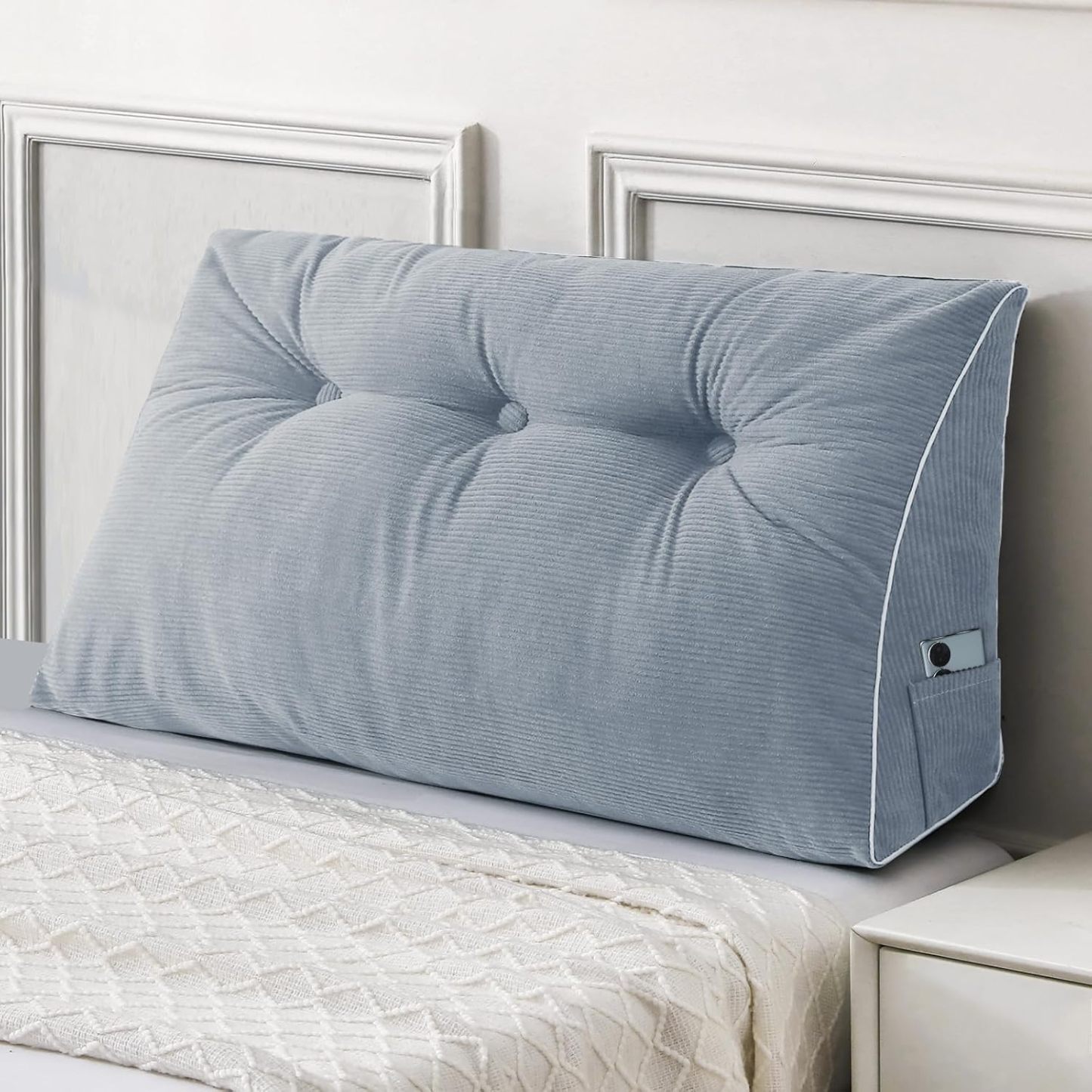 Sasttie Headboard Pillow Queen, Wedge Pillow Headboard, Dark Grey | Triangle Backrest Cushion for Sitting or Reading in Bed, Dorm Essentials, OEKO-TEX, Down Alternative Fill, Side Pockets