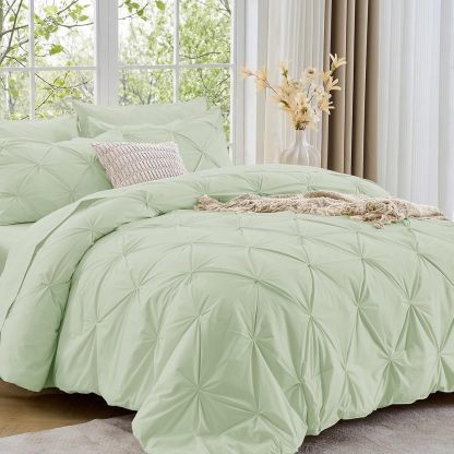 Sasttie Queen Comforter Set, 7-Piece Bed in a Bag, Pintuck Bedding Sets for All Season, Includes Comforter, Flat Sheet, Fitted Sheet, Pillowcases and Pillowshams, Beige