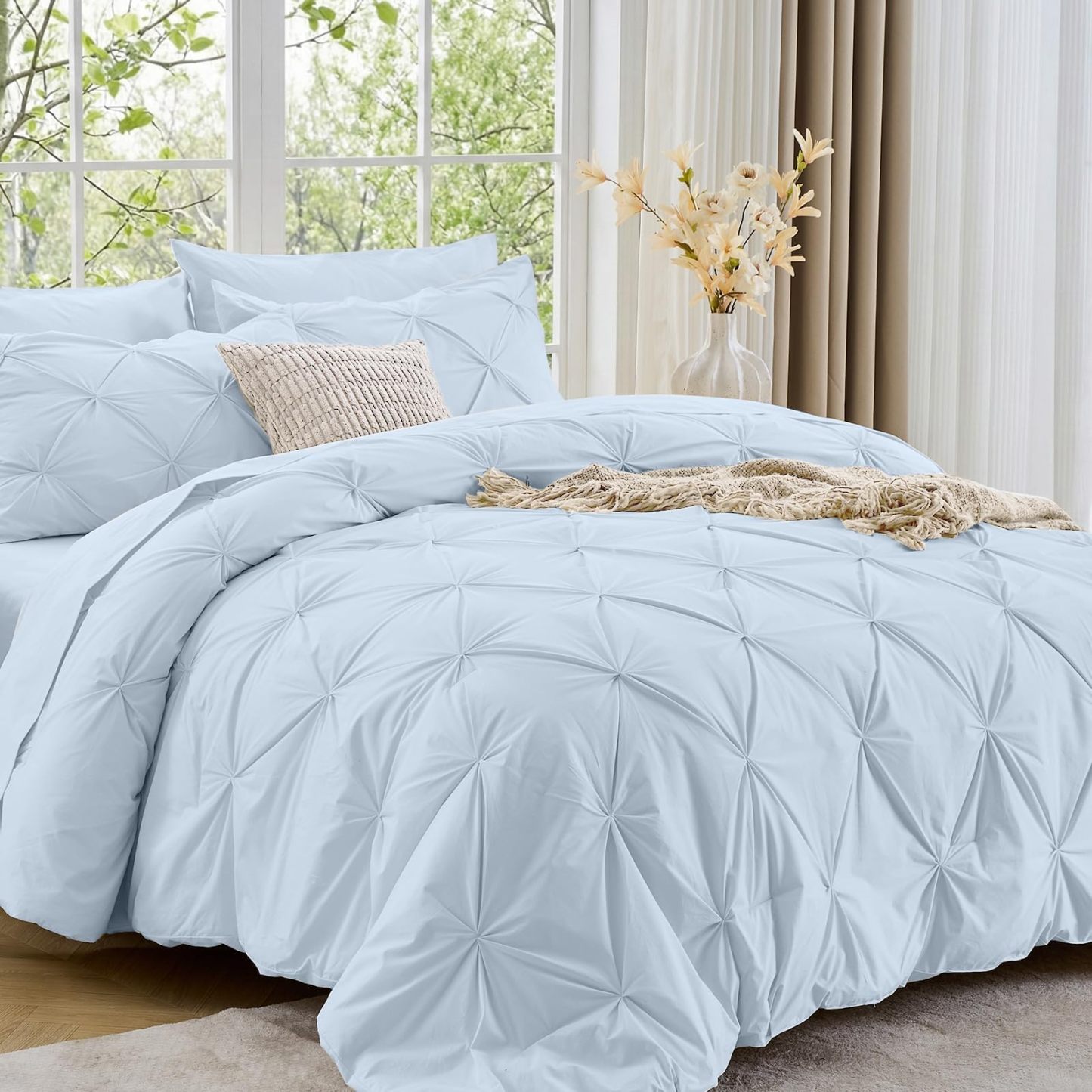 Sasttie Twin Comforter Set, 5-Piece Bed in a Bag, Pintuck Bedding Sets for All Season, Includes Comforter, Flat Sheet, Fitted Sheet, Pillowcase and Pillowsham, Baby Pink