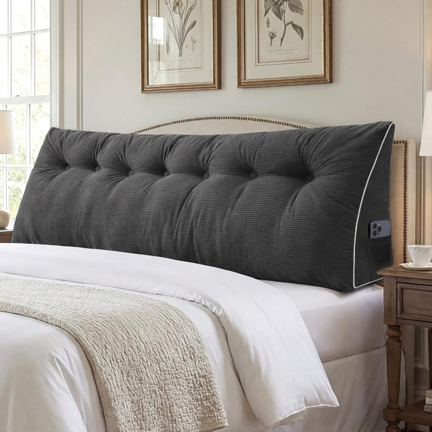 Sasttie Headboard Pillow Queen, Wedge Pillow Headboard, Dark Grey | Triangle Backrest Cushion for Sitting or Reading in Bed, Dorm Essentials, OEKO-TEX, Down Alternative Fill, Side Pockets