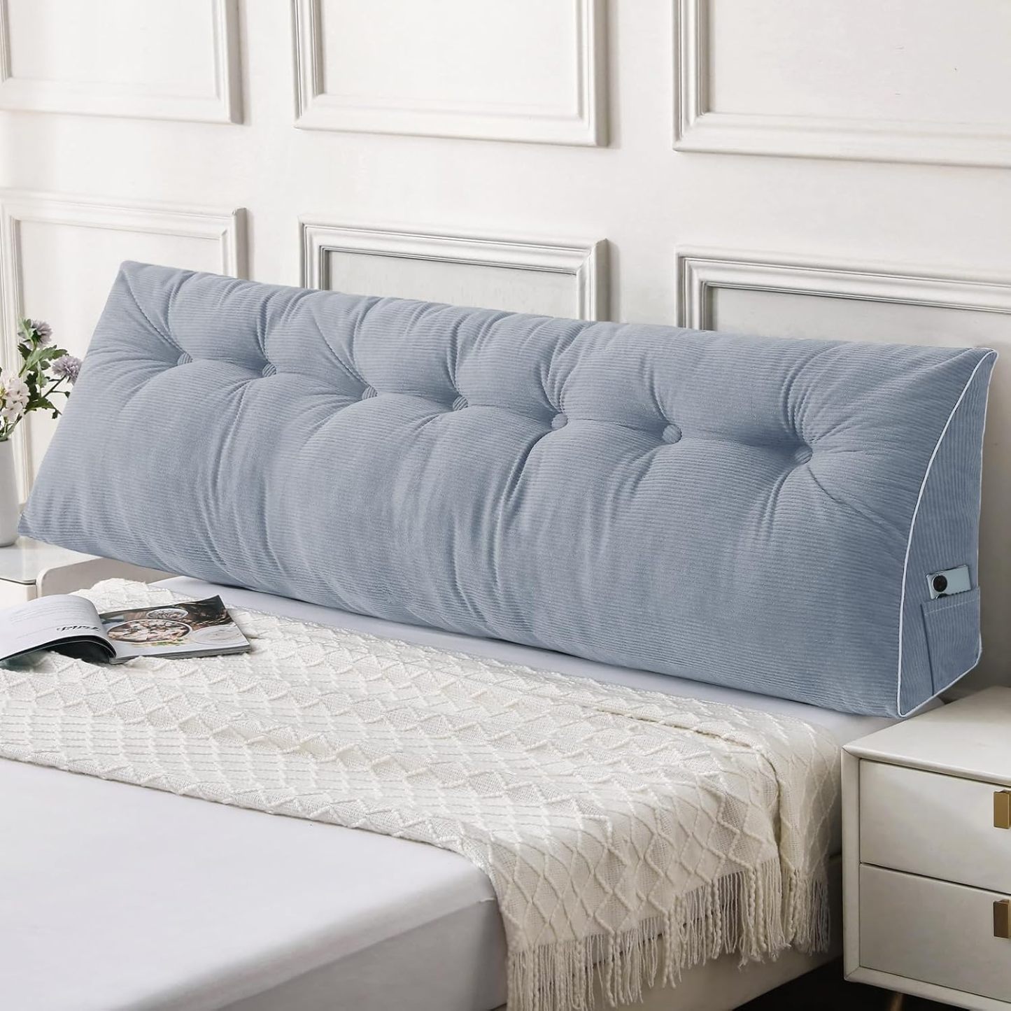 Sasttie Headboard Pillow Queen, Wedge Pillow Headboard, Dark Grey | Triangle Backrest Cushion for Sitting or Reading in Bed, Dorm Essentials, OEKO-TEX, Down Alternative Fill, Side Pockets