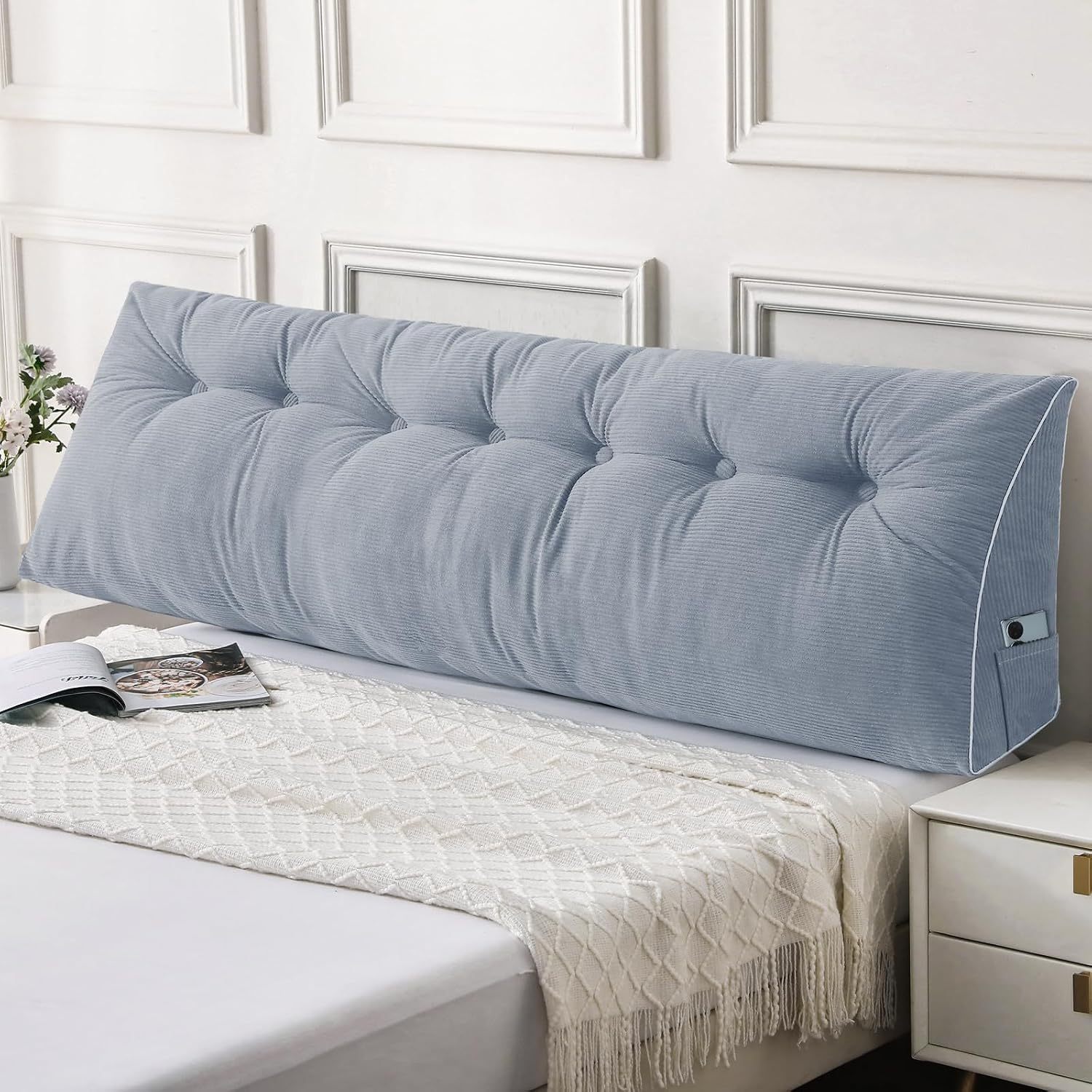 Sasttie Headboard Pillow Queen, Wedge Pillow Headboard, Dark Grey | Triangle Backrest Cushion for Sitting or Reading in Bed, Dorm Essentials, OEKO-TEX, Down Alternative Fill, Side Pockets
