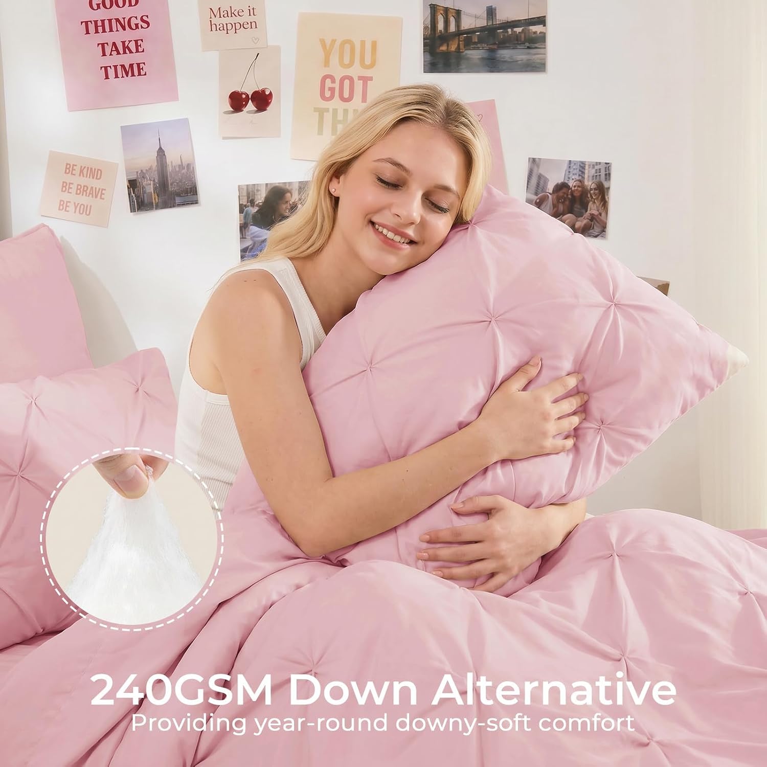 Sasttie Twin Comforter Set, 5-Piece Bed in a Bag, Pintuck Bedding Sets for All Season, Includes Comforter, Flat Sheet, Fitted Sheet, Pillowcase and Pillowsham, Baby Pink