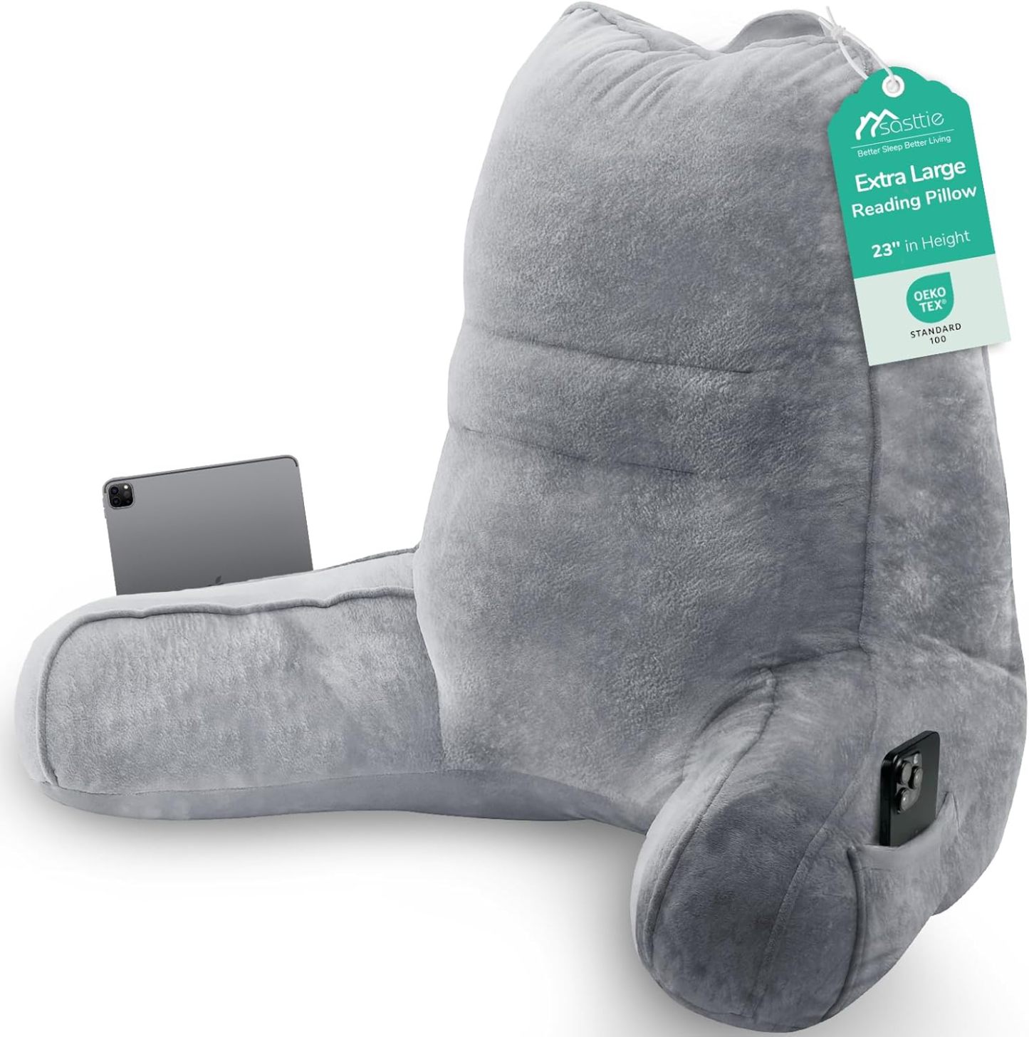 Sasttie Reading Pillow for Bed, Back Pillow for Sitting Up, Dark Grey | 18 Backrest Support Cushion for Couch, Sofa, and Floor, Dorm Essentials, OEKO-TEX, Adjustable Down Alternative Fill