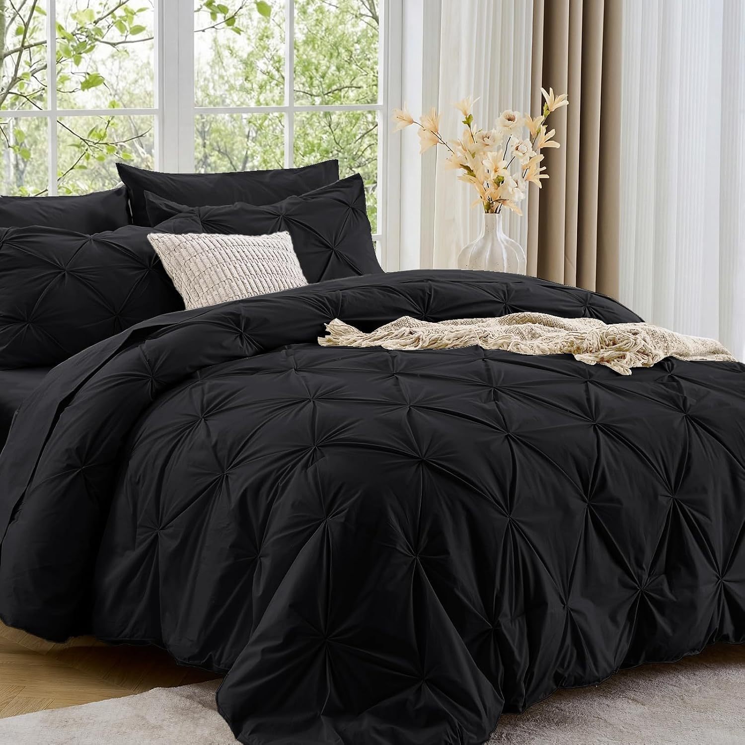 Sasttie Queen Comforter Set, 7-Piece Bed in a Bag, Pintuck Bedding Sets for All Season, Includes Comforter, Flat Sheet, Fitted Sheet, Pillowcases and Pillowshams, Beige