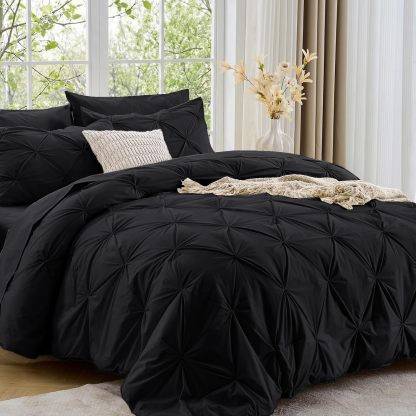 Sasttie Queen Comforter Set, 7-Piece Bed in a Bag, Pintuck Bedding Sets for All Season, Includes Comforter, Flat Sheet, Fitted Sheet, Pillowcases and Pillowshams, Beige