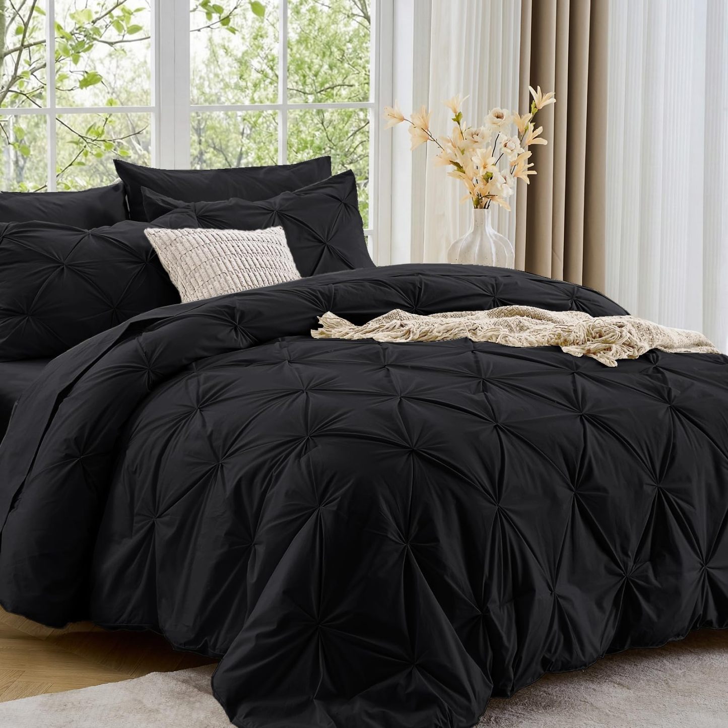 Sasttie Twin Comforter Set, 5-Piece Bed in a Bag, Pintuck Bedding Sets for All Season, Includes Comforter, Flat Sheet, Fitted Sheet, Pillowcase and Pillowsham, Baby Pink