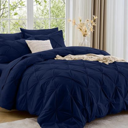 Sasttie Queen Comforter Set, 7-Piece Bed in a Bag, Pintuck Bedding Sets for All Season, Includes Comforter, Flat Sheet, Fitted Sheet, Pillowcases and Pillowshams, Beige