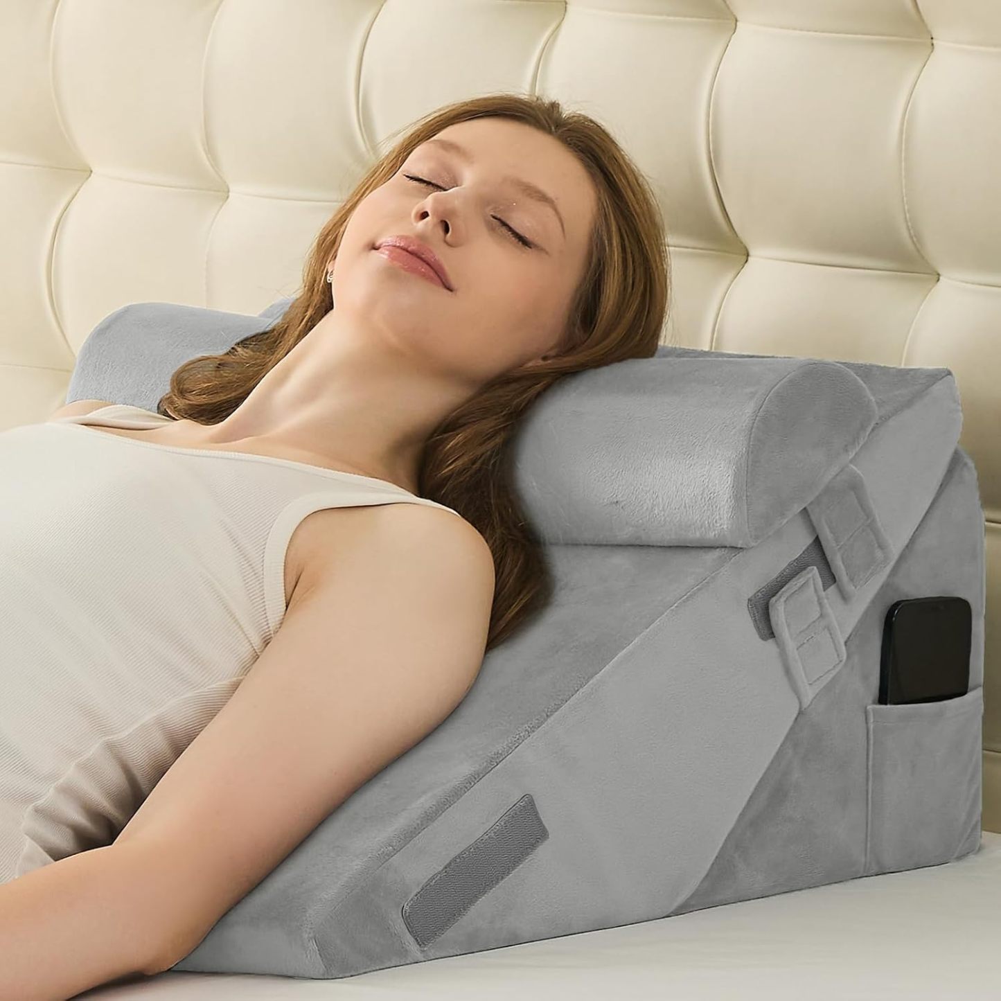 Sasttie Adjustable Wedge Pillow Set for After Surgery, Dark Grey & White | Bed Wedge Pillow Headboard with Memory Foam Neck Cushion, for Acid Reflux, Sleeping, Neck & Back Support
