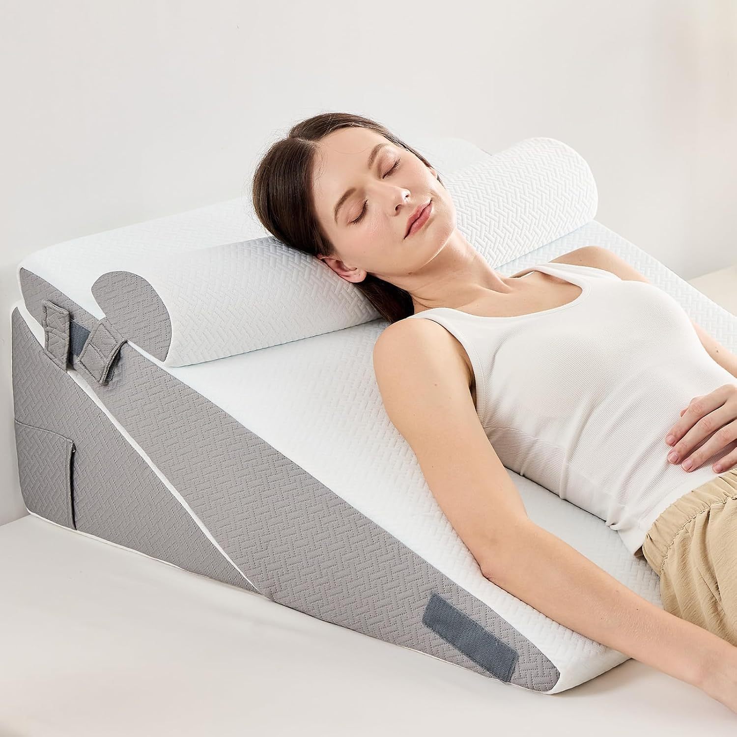 Sasttie Adjustable Wedge Pillow Set for After Surgery, Dark Grey & White | Bed Wedge Pillow Headboard with Memory Foam Neck Cushion, for Acid Reflux, Sleeping, Neck & Back Support