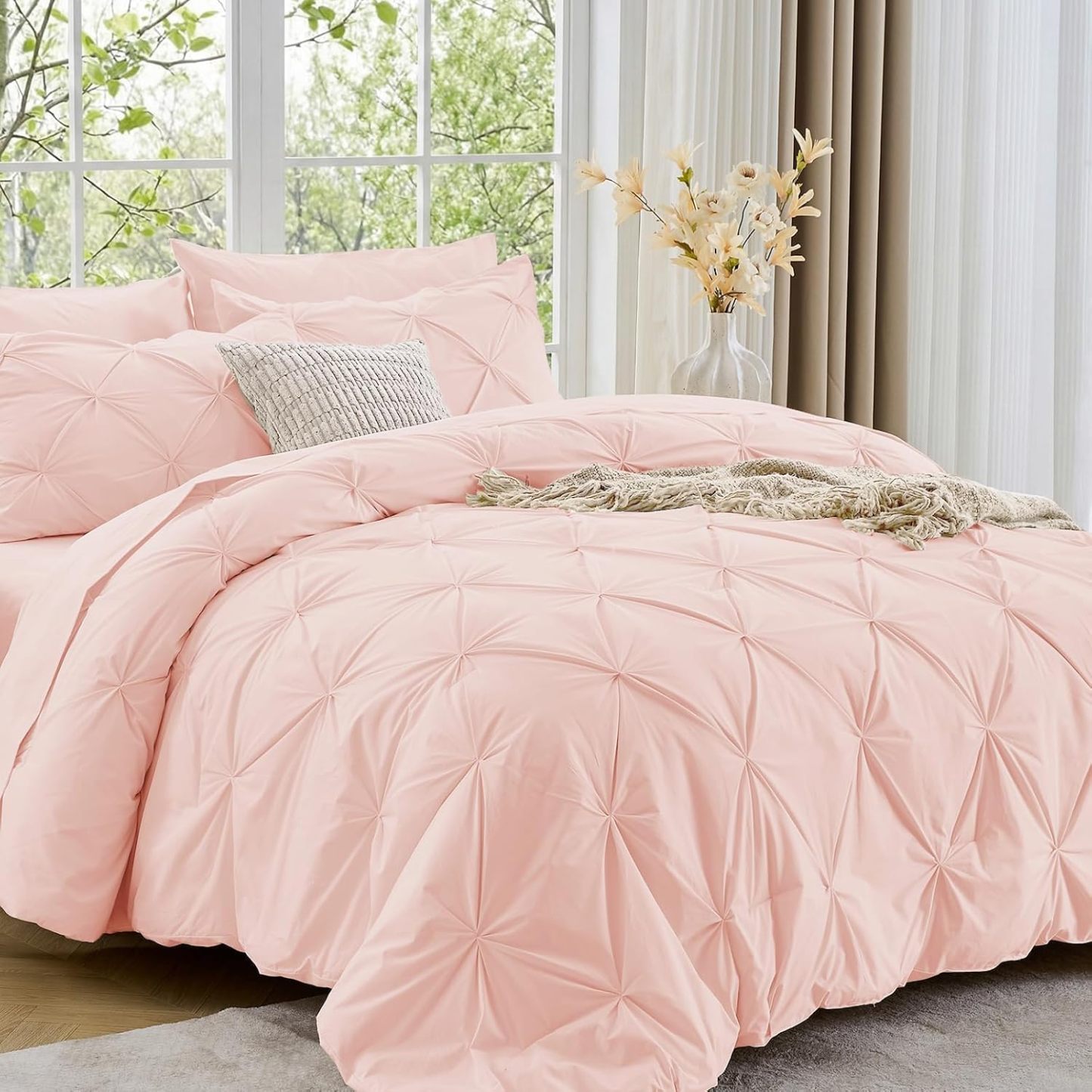 Sasttie Queen Comforter Set, 7-Piece Bed in a Bag, Pintuck Bedding Sets for All Season, Includes Comforter, Flat Sheet, Fitted Sheet, Pillowcases and Pillowshams, Beige
