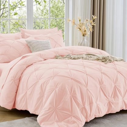 Sasttie Queen Comforter Set, 7-Piece Bed in a Bag, Pintuck Bedding Sets for All Season, Includes Comforter, Flat Sheet, Fitted Sheet, Pillowcases and Pillowshams, Beige