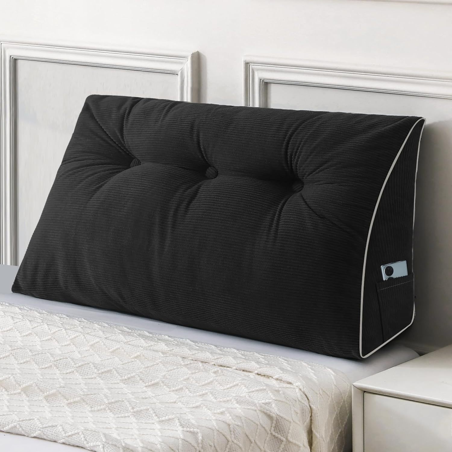 Sasttie Headboard Pillow Queen, Wedge Pillow Headboard, Dark Grey | Triangle Backrest Cushion for Sitting or Reading in Bed, Dorm Essentials, OEKO-TEX, Down Alternative Fill, Side Pockets