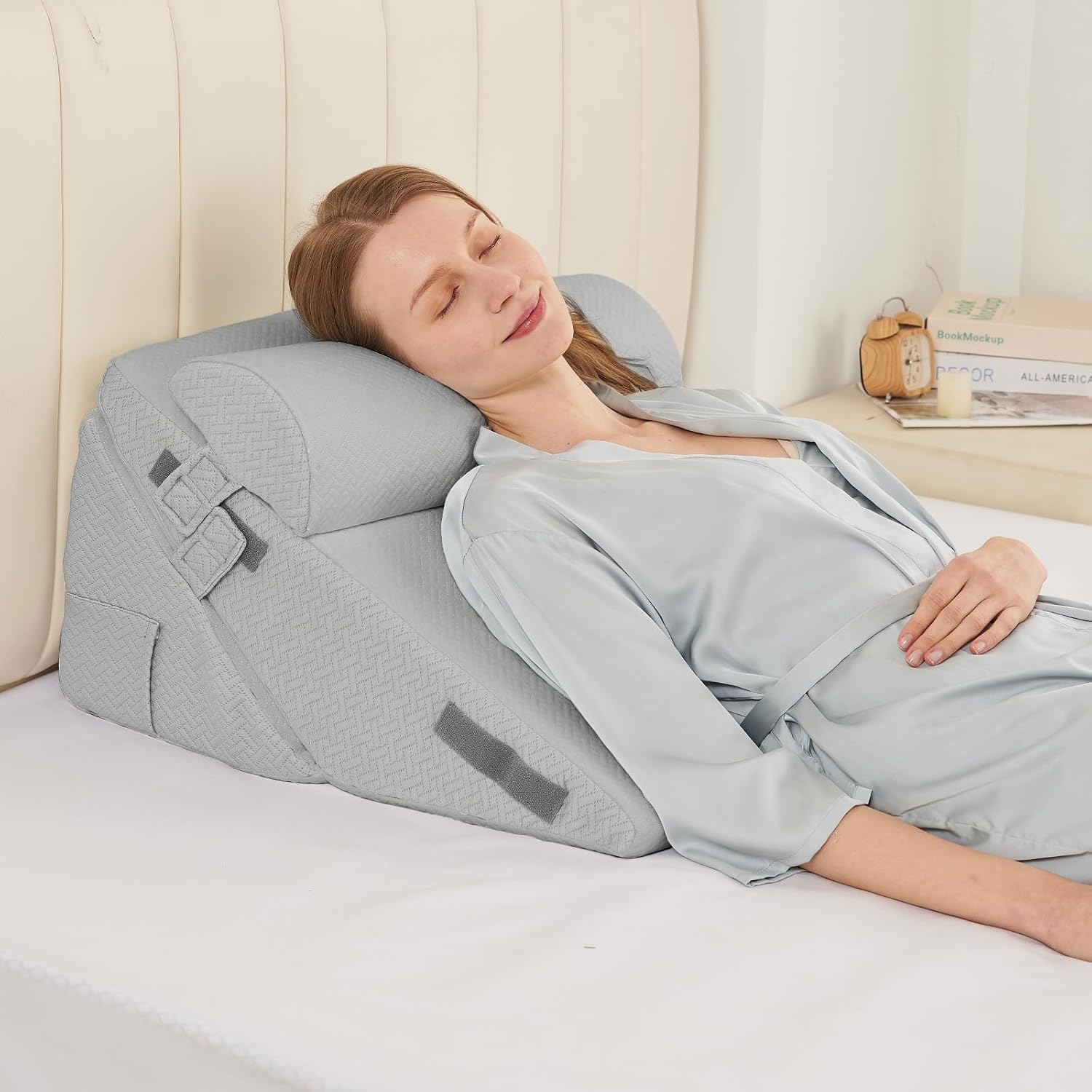 Sasttie Adjustable Wedge Pillow Set for After Surgery, Dark Grey & White | Bed Wedge Pillow Headboard with Memory Foam Neck Cushion, for Acid Reflux, Sleeping, Neck & Back Support