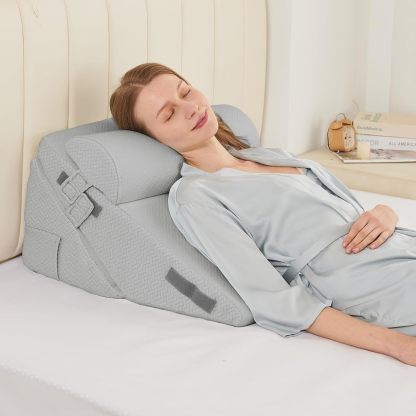 Sasttie Adjustable Wedge Pillow Set for After Surgery, Dark Grey & White | Bed Wedge Pillow Headboard with Memory Foam Neck Cushion, for Acid Reflux, Sleeping, Neck & Back Support