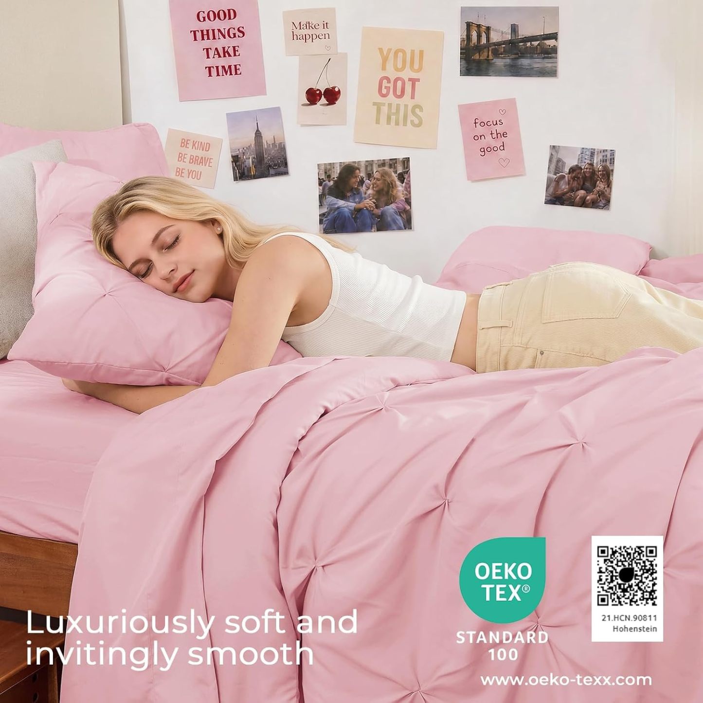 Sasttie Twin Comforter Set, 5-Piece Bed in a Bag, Pintuck Bedding Sets for All Season, Includes Comforter, Flat Sheet, Fitted Sheet, Pillowcase and Pillowsham, Baby Pink