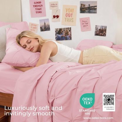 Sasttie Twin Comforter Set, 5-Piece Bed in a Bag, Pintuck Bedding Sets for All Season, Includes Comforter, Flat Sheet, Fitted Sheet, Pillowcase and Pillowsham, Baby Pink