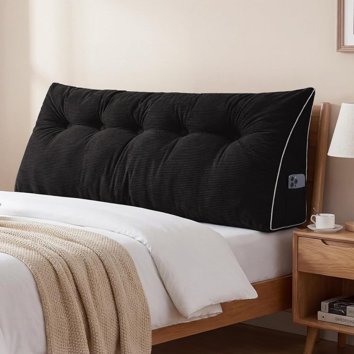 Sasttie Headboard Pillow Queen, Wedge Pillow Headboard, Dark Grey | Triangle Backrest Cushion for Sitting or Reading in Bed, Dorm Essentials, OEKO-TEX, Down Alternative Fill, Side Pockets
