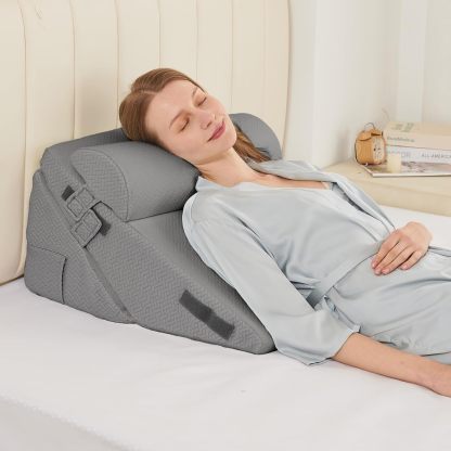 Sasttie Adjustable Wedge Pillow Set for After Surgery, Dark Grey & White | Bed Wedge Pillow Headboard with Memory Foam Neck Cushion, for Acid Reflux, Sleeping, Neck & Back Support