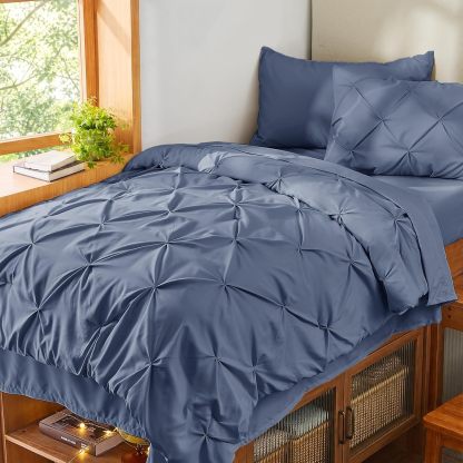 Sasttie Queen Comforter Set, 7-Piece Bed in a Bag, Pintuck Bedding Sets for All Season, Includes Comforter, Flat Sheet, Fitted Sheet, Pillowcases and Pillowshams, Beige