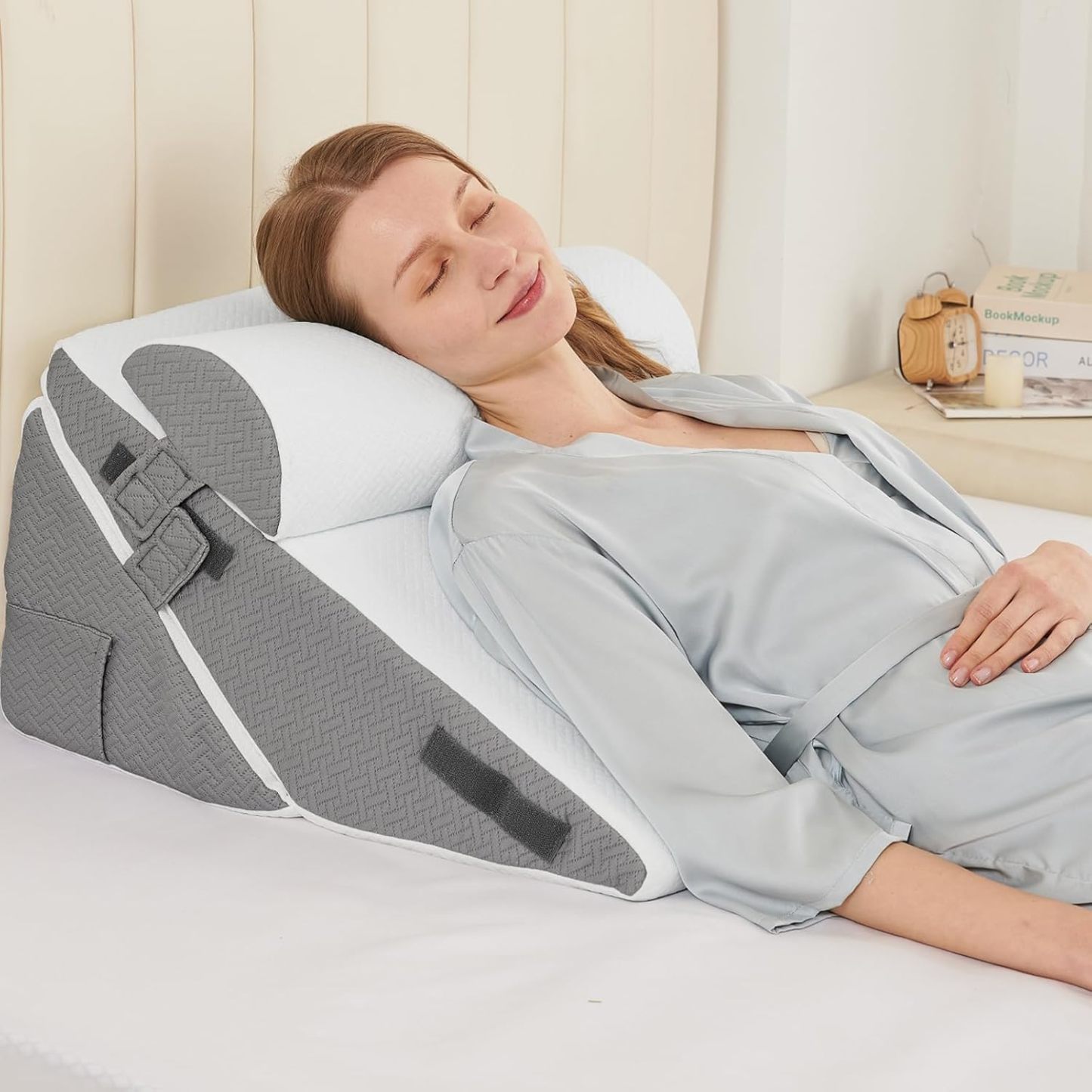Sasttie Adjustable Wedge Pillow Set for After Surgery, Dark Grey & White | Bed Wedge Pillow Headboard with Memory Foam Neck Cushion, for Acid Reflux, Sleeping, Neck & Back Support