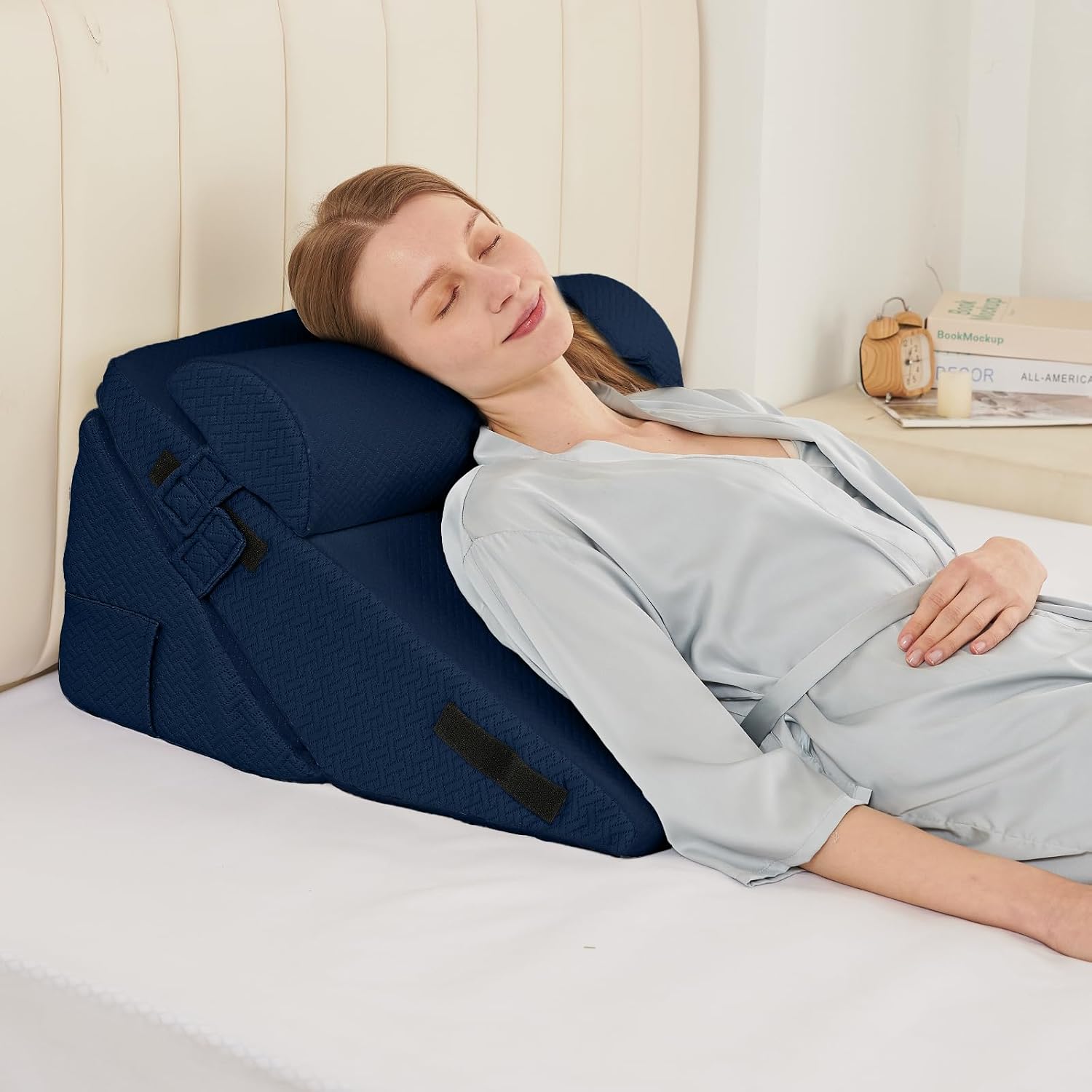 Sasttie Adjustable Wedge Pillow Set for After Surgery, Dark Grey & White | Bed Wedge Pillow Headboard with Memory Foam Neck Cushion, for Acid Reflux, Sleeping, Neck & Back Support