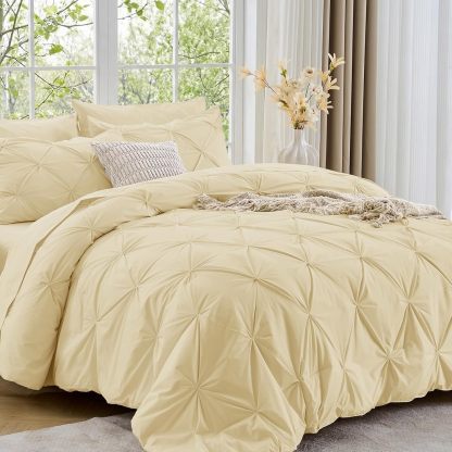 Sasttie Queen Comforter Set, 7-Piece Bed in a Bag, Pintuck Bedding Sets for All Season, Includes Comforter, Flat Sheet, Fitted Sheet, Pillowcases and Pillowshams, Beige