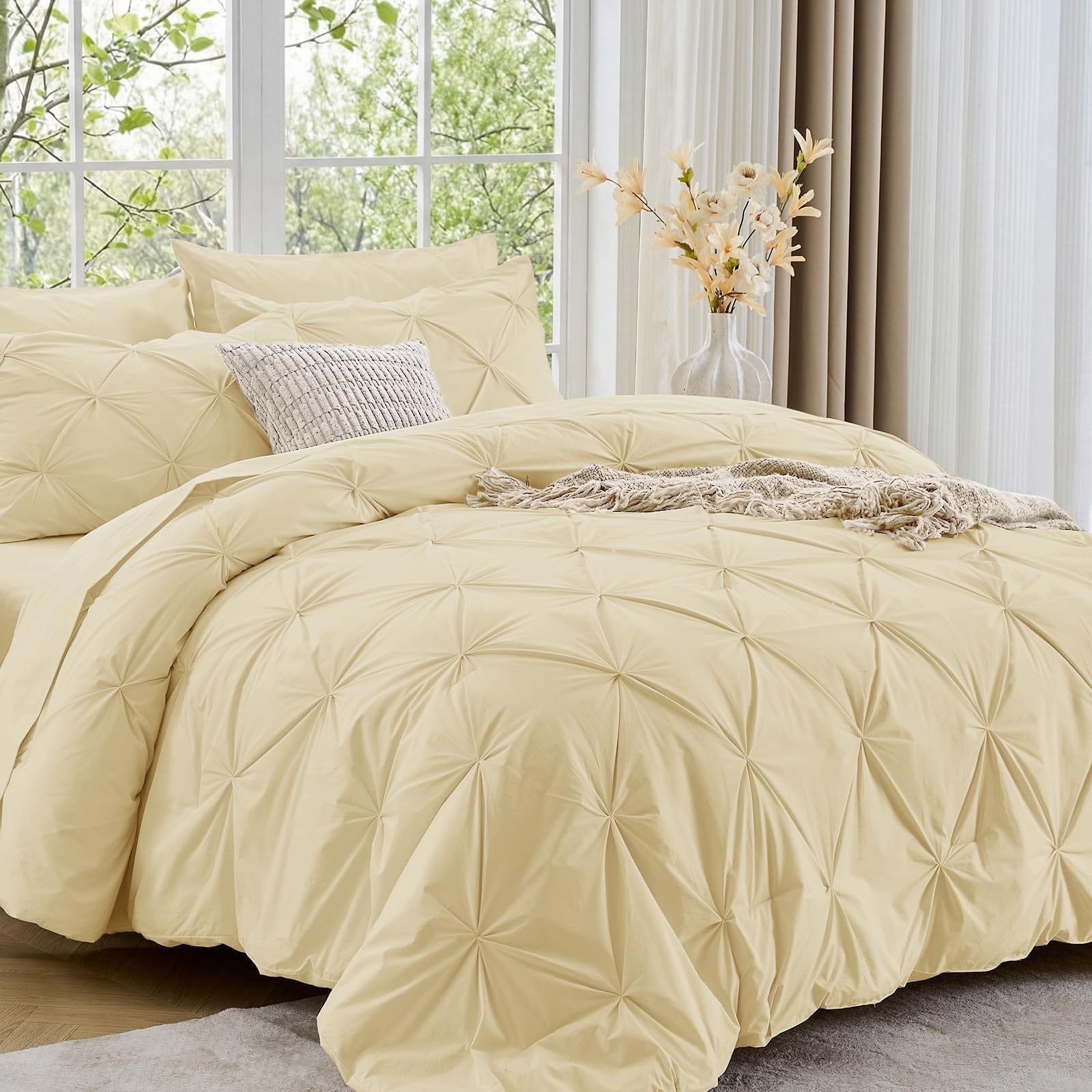 Sasttie Twin Comforter Set, 5-Piece Bed in a Bag, Pintuck Bedding Sets for All Season, Includes Comforter, Flat Sheet, Fitted Sheet, Pillowcase and Pillowsham, Baby Pink