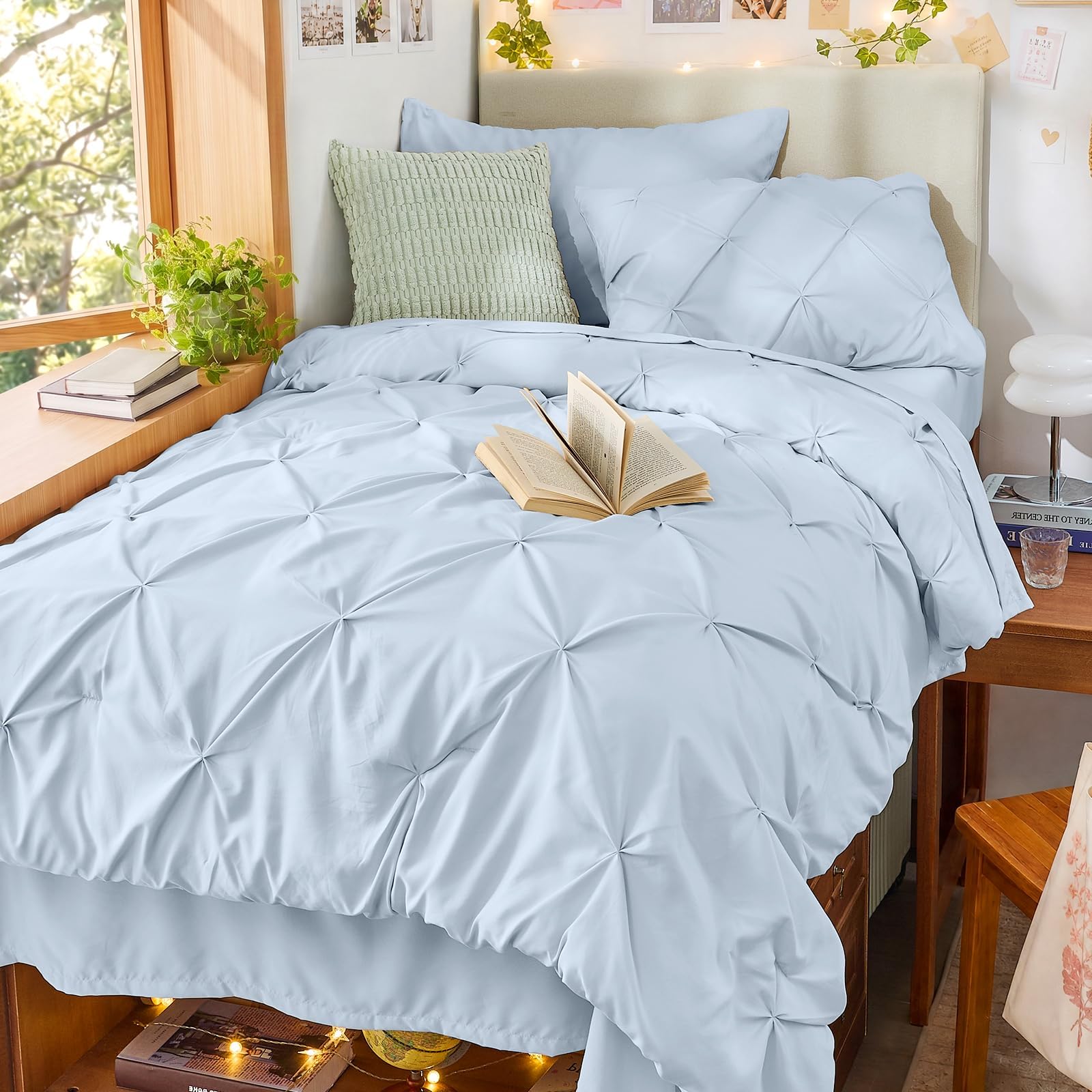 Sasttie Twin Comforter Set, 5-Piece Bed in a Bag, Pintuck Bedding Sets for All Season, Includes Comforter, Flat Sheet, Fitted Sheet, Pillowcase and Pillowsham, Baby Pink