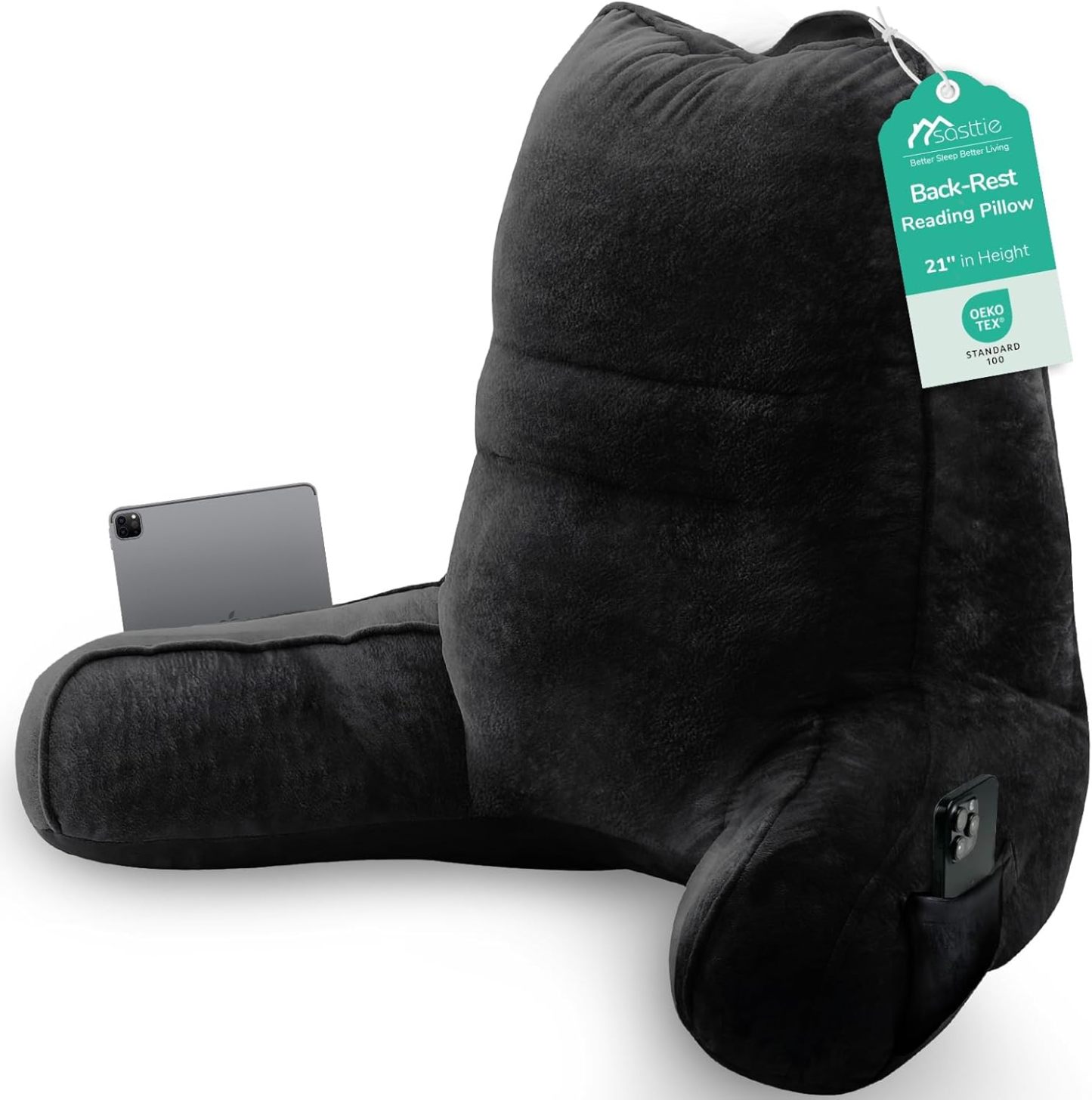 Sasttie Reading Pillow for Bed, Back Pillow for Sitting Up, Dark Grey | 18 Backrest Support Cushion for Couch, Sofa, and Floor, Dorm Essentials, OEKO-TEX, Adjustable Down Alternative Fill