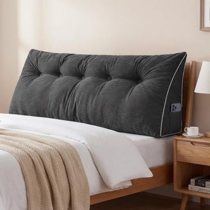 Sasttie Headboard Pillow Queen, Wedge Pillow Headboard, Dark Grey | Triangle Backrest Cushion for Sitting or Reading in Bed, Dorm Essentials, OEKO-TEX, Down Alternative Fill, Side Pockets