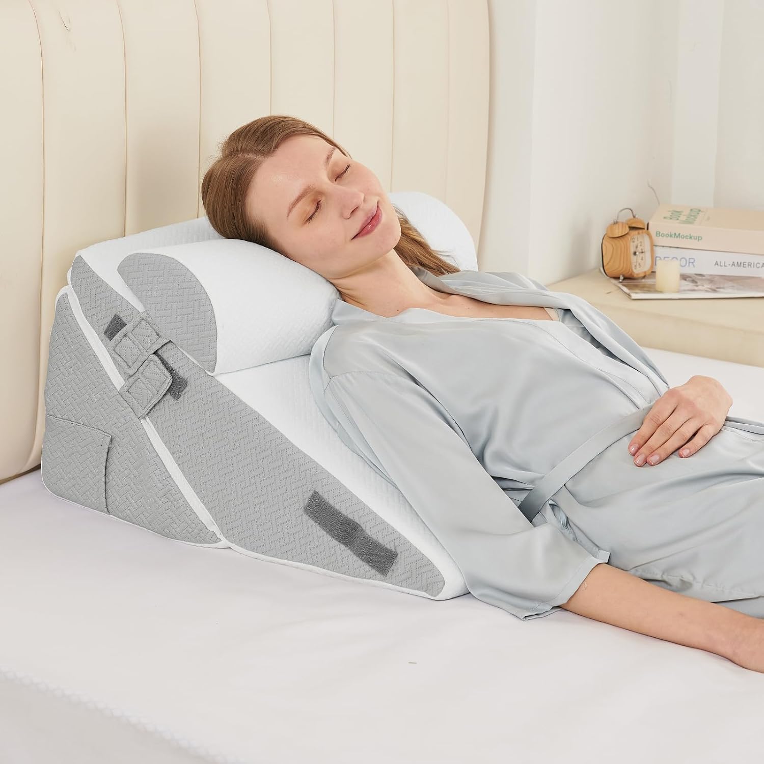 Sasttie Adjustable Wedge Pillow Set for After Surgery, Dark Grey & White | Bed Wedge Pillow Headboard with Memory Foam Neck Cushion, for Acid Reflux, Sleeping, Neck & Back Support