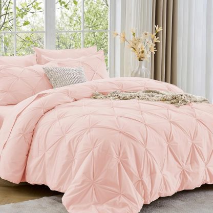 Sasttie Queen Comforter Set, 7-Piece Bed in a Bag, Pintuck Bedding Sets for All Season, Includes Comforter, Flat Sheet, Fitted Sheet, Pillowcases and Pillowshams, Beige