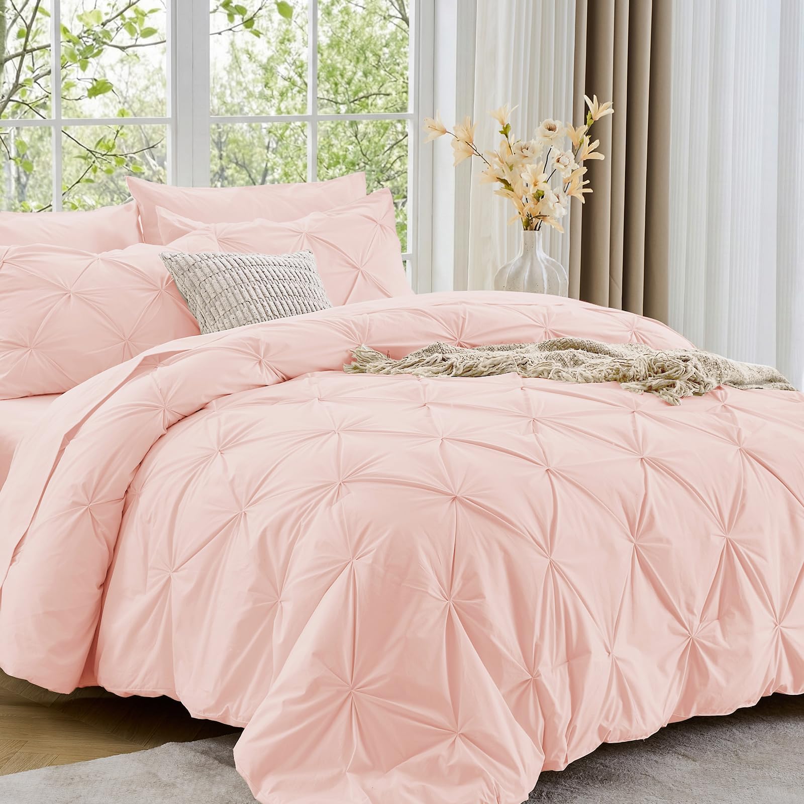 Sasttie Twin Comforter Set, 5-Piece Bed in a Bag, Pintuck Bedding Sets for All Season, Includes Comforter, Flat Sheet, Fitted Sheet, Pillowcase and Pillowsham, Baby Pink