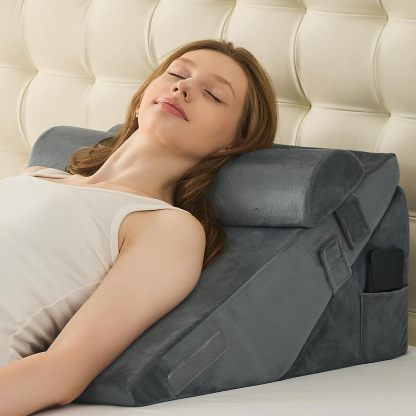 Sasttie Adjustable Wedge Pillow Set for After Surgery, Dark Grey & White | Bed Wedge Pillow Headboard with Memory Foam Neck Cushion, for Acid Reflux, Sleeping, Neck & Back Support