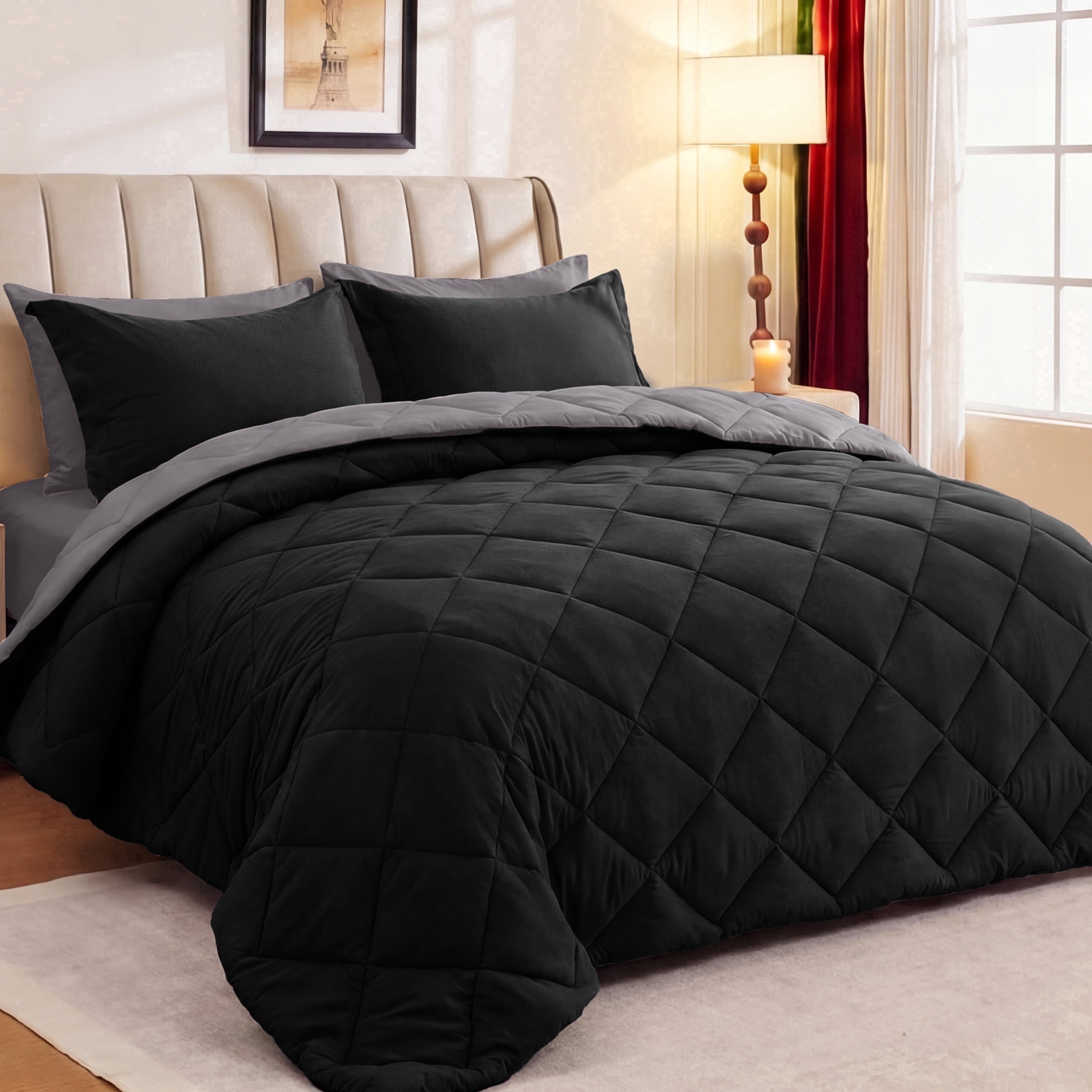 Sasttie 7-Piece Reversible Comforter Set, Bed in a Bag, All-Season Bedding Set - Queen / Black & Soot