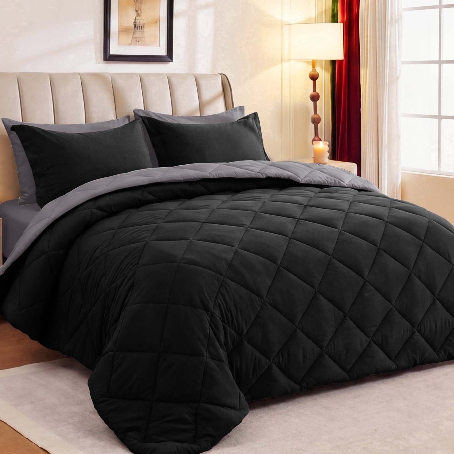 Sasttie 7-Piece Reversible Comforter Set, Bed in a Bag, All-Season Bedding Set - Queen / Black & Soot