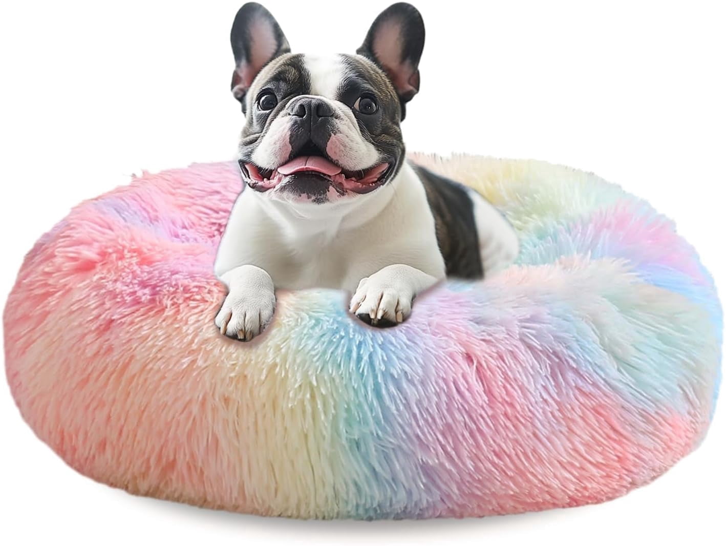 Sasttie Calming Donut Dog Bed, Washable Round Plush Faux Fur Pet Bed - 36 in / Rainbow