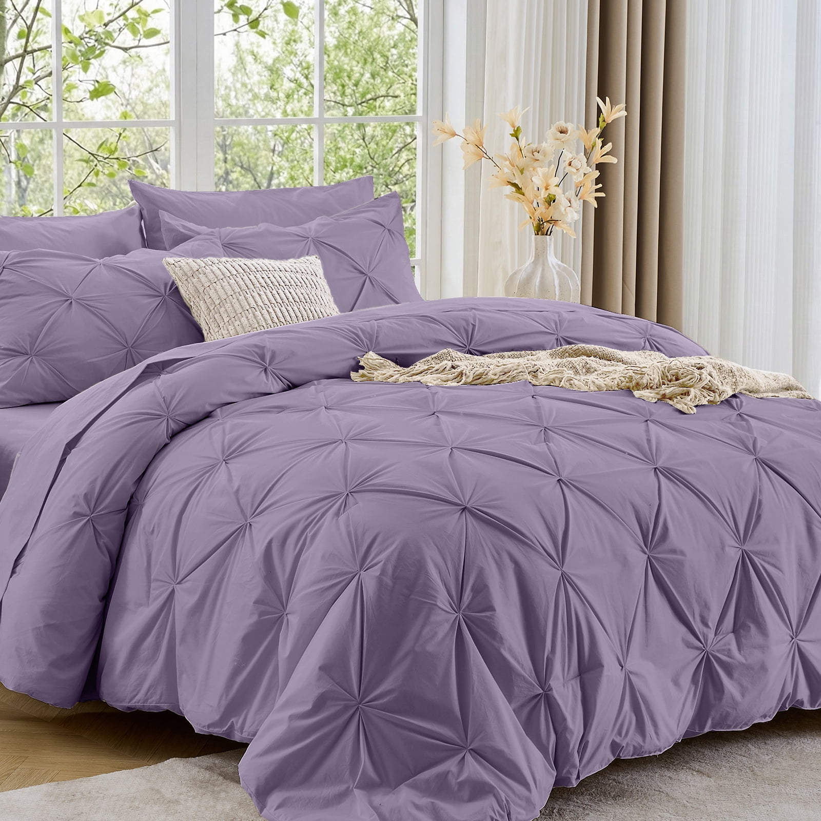 Sasttie 7-Piece Pintuck Comforter Set, Bed in a Bag, All-Season Bedding Set - King / New Purple