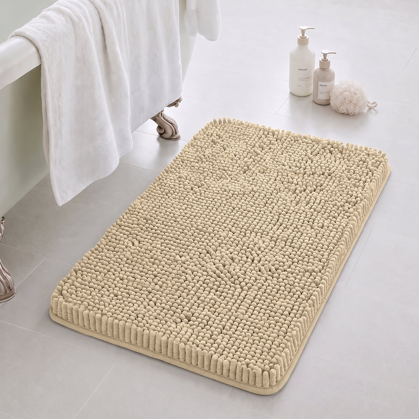 Sasttie Chenille Bathroom Rugs, Quick Dry Washable Bath Mats with Rubber Backing - 20" x 32" / Beige / 1 Pack