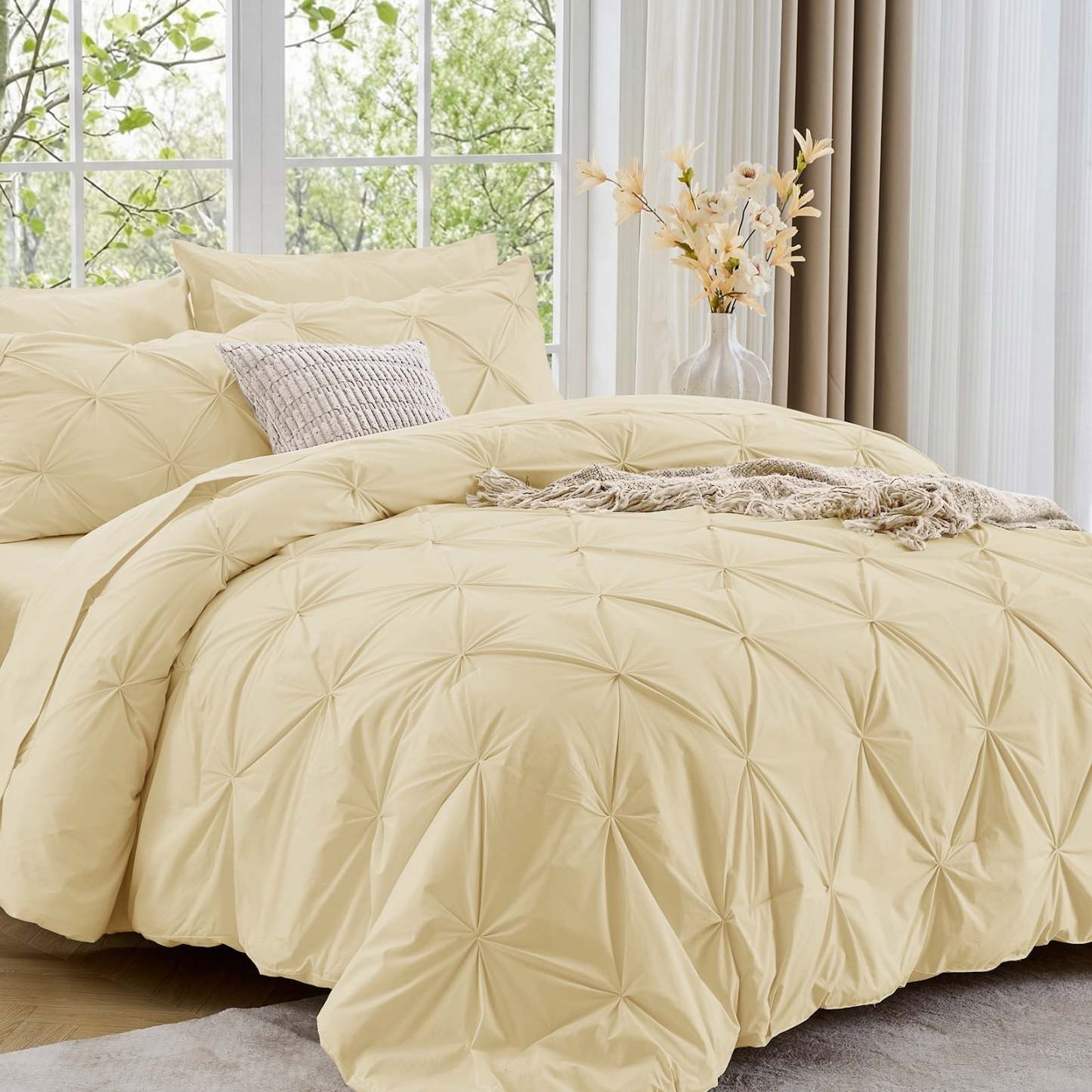 Sasttie 7-Piece Pintuck Comforter Set, Bed in a Bag, All-Season Bedding Set - Queen / Pale Yellow