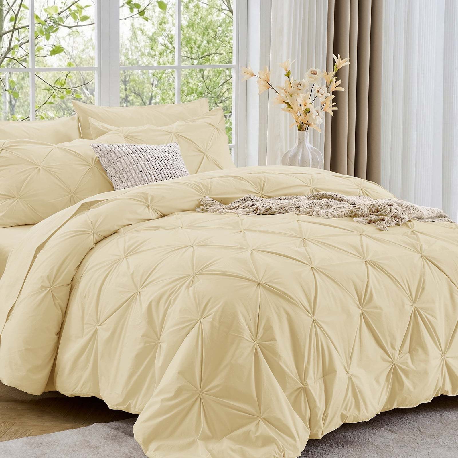 Sasttie 7-Piece Pintuck Comforter Set, Bed in a Bag, All-Season Bedding Set - Queen / Pale Yellow