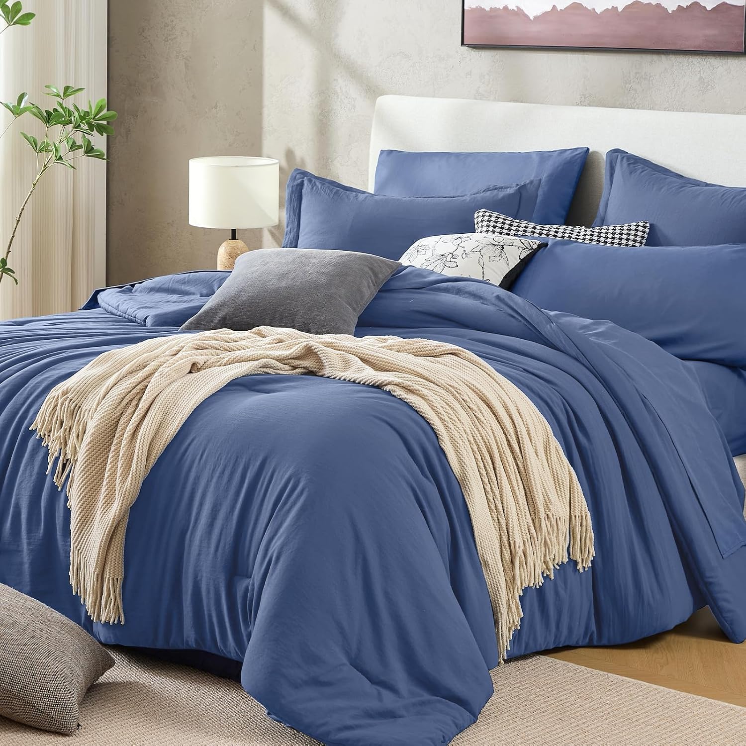 Sasttie Navy Blue Queen Comforter Set 7-Piece, Pre-Washed Bed in a Bag | OEKO-TEX, Soft & Breathable, All-Season Bedding Set with Comforter, Sheets, Pillowcases & Pillow Shams, Down Alternative