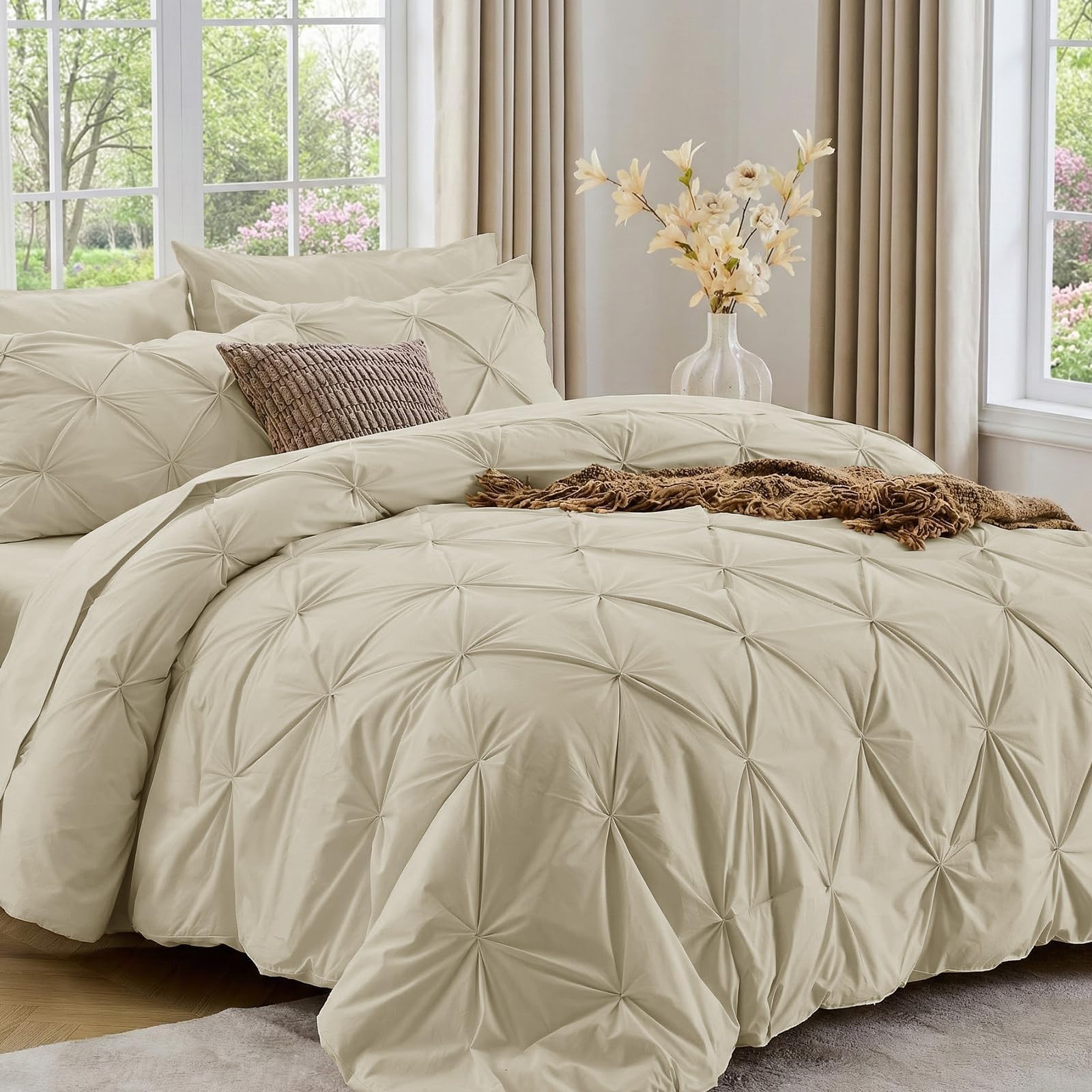 Sasttie Twin Comforter Set, 5-Piece Bed in a Bag, Pintuck Bedding Sets for All Season, Includes Comforter, Flat Sheet, Fitted Sheet, Pillowcase and Pillowsham, Baby Pink