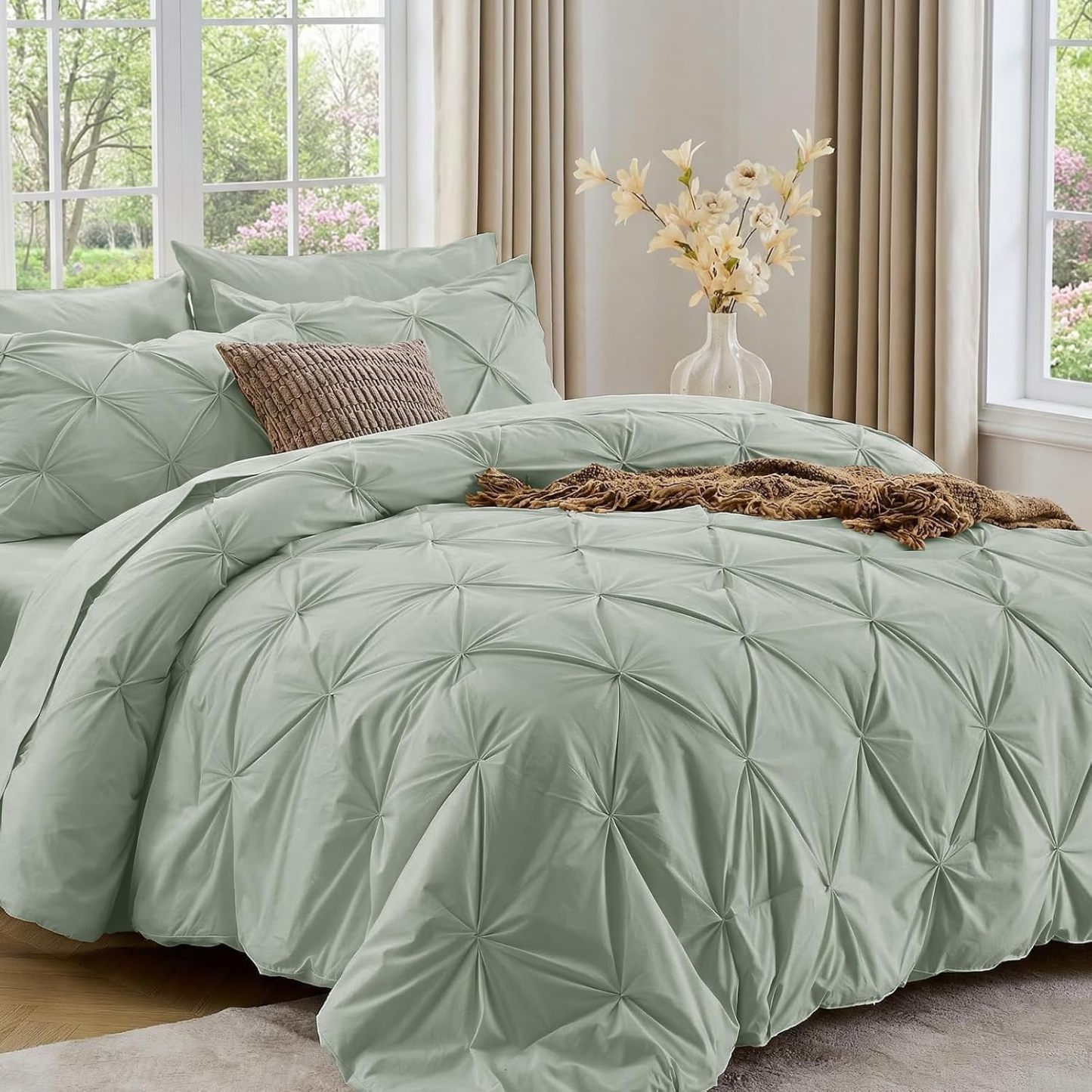 Sasttie Queen Comforter Set, 7-Piece Bed in a Bag, Pintuck Bedding Sets for All Season, Includes Comforter, Flat Sheet, Fitted Sheet, Pillowcases and Pillowshams, Beige