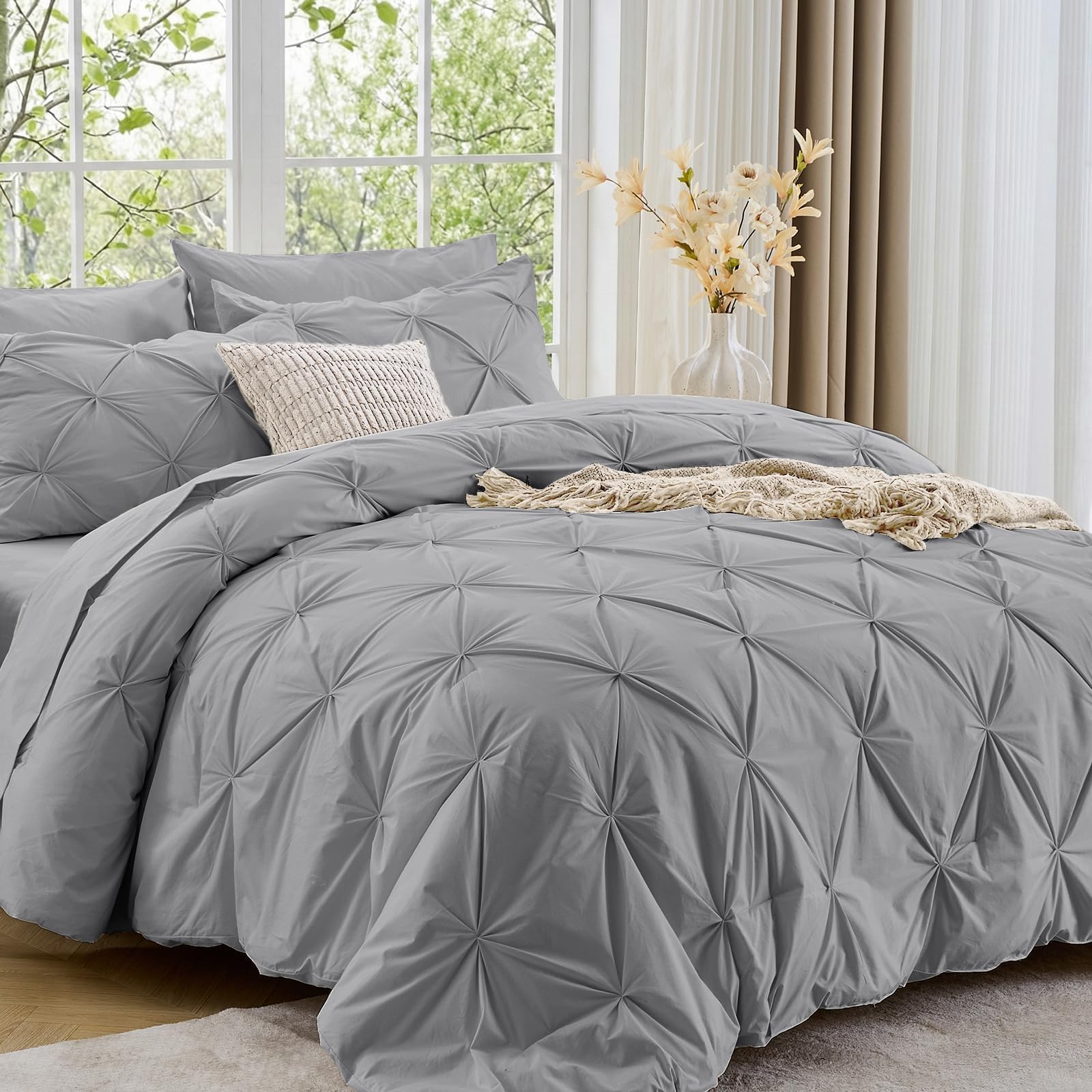 Sasttie Twin Comforter Set, 5-Piece Bed in a Bag, Pintuck Bedding Sets for All Season, Includes Comforter, Flat Sheet, Fitted Sheet, Pillowcase and Pillowsham, Baby Pink