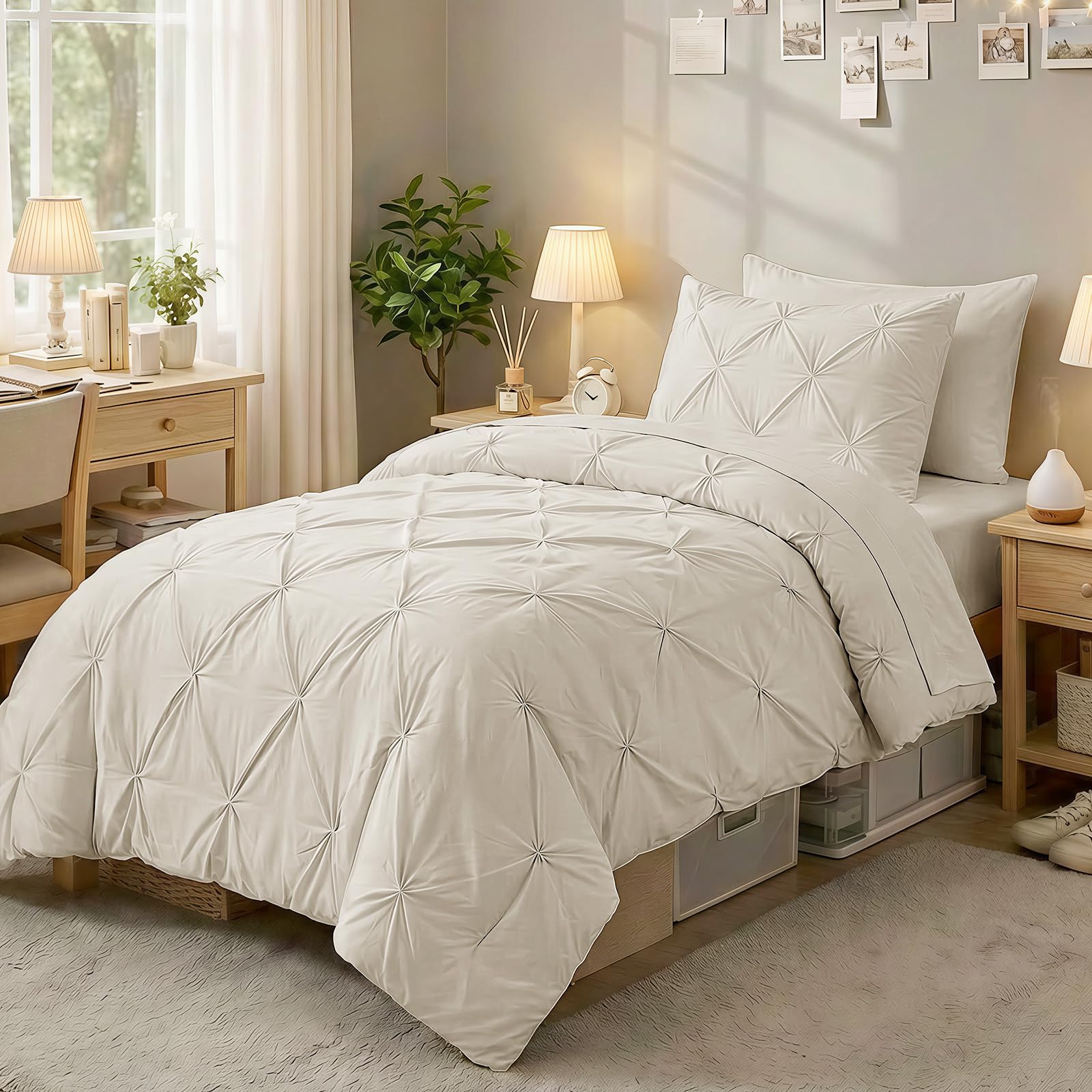 Sasttie Twin Comforter Set, 5-Piece Bed in a Bag, Pintuck Bedding Sets for All Season, Includes Comforter, Flat Sheet, Fitted Sheet, Pillowcase and Pillowsham, Baby Pink