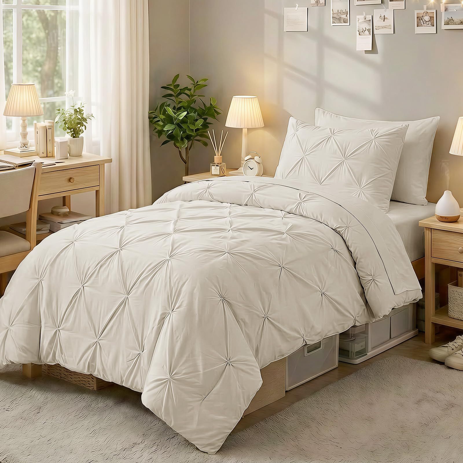 Sasttie Twin Comforter Set, 5-Piece Bed in a Bag, Pintuck Bedding Sets for All Season, Includes Comforter, Flat Sheet, Fitted Sheet, Pillowcase and Pillowsham, Baby Pink